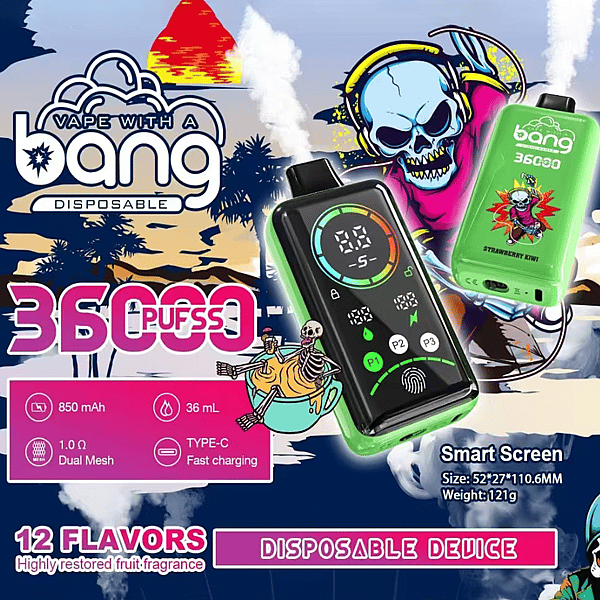 Bang 36000 Power Disposable Vape - 850mAh Battery, 36mL E-Liquid, 0% to 5% Nicotine Options