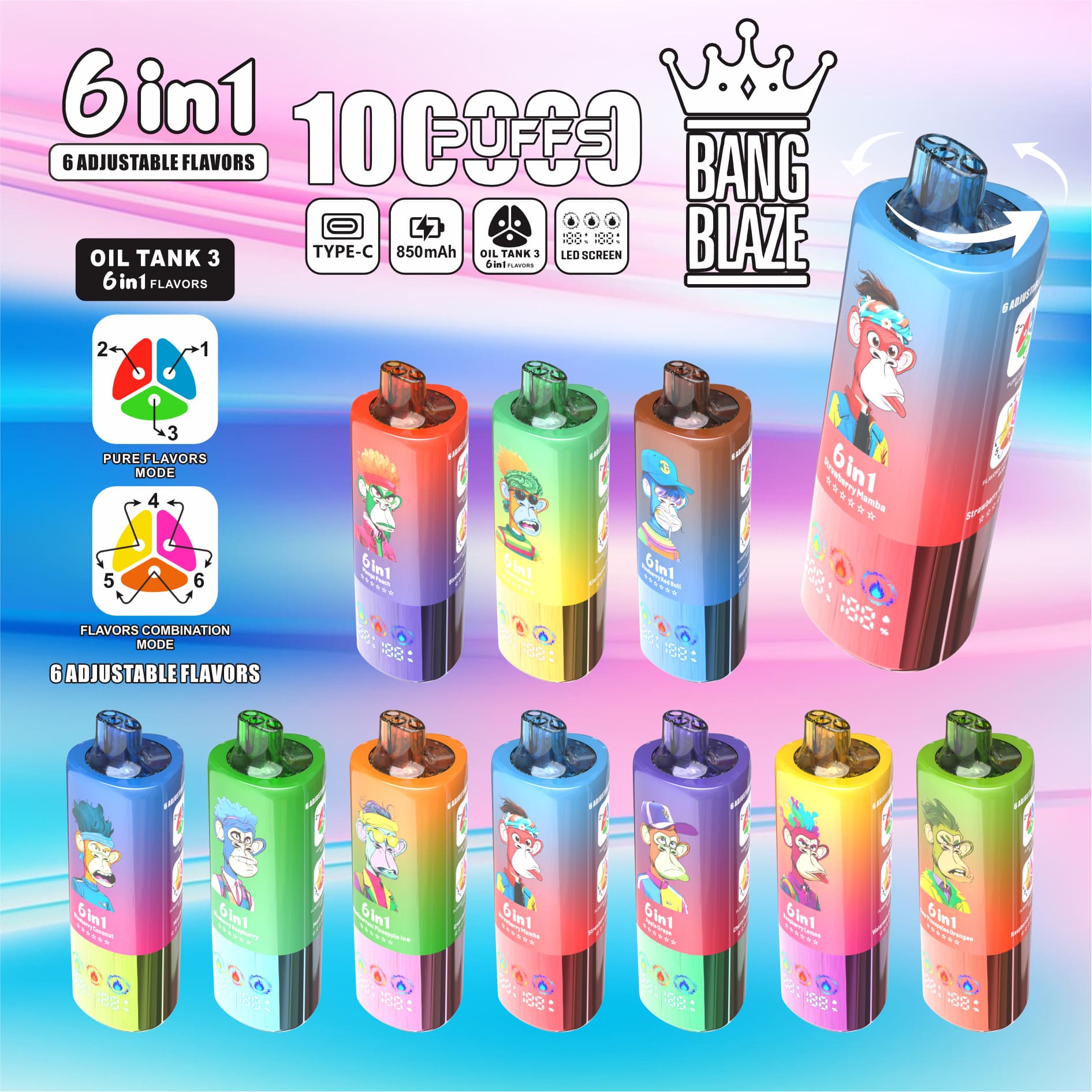 Bang Blaze 100K Puffs 6in1 Vape – 60ML Triple Oil Tanks 6 Flavors Type-C Rechargeable 0–5% Nicotine Pure & Mix Modes gallery image 1