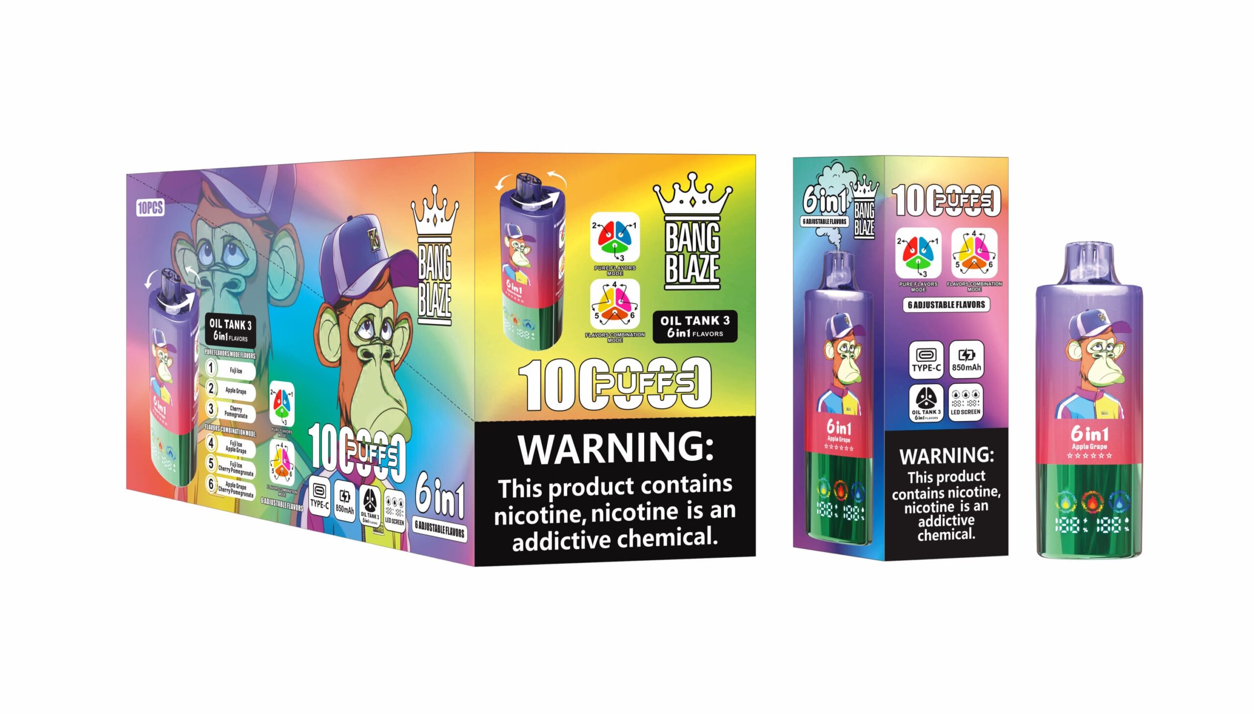 Bang Blaze 100K Puffs 6in1 Vape – 60ML Triple Oil Tanks 6 Flavors Type-C Rechargeable 0–5% Nicotine Pure & Mix Modes gallery image 2