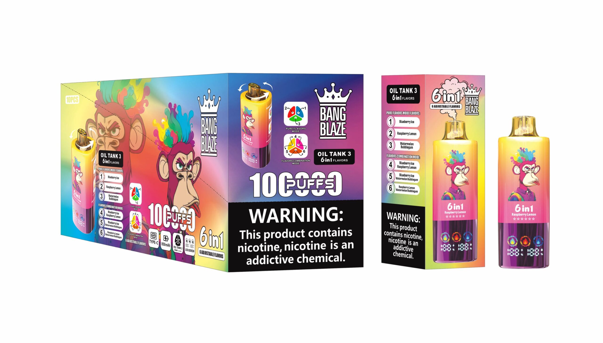 Bang Blaze 100K Puffs 6in1 Vape – 60ML Triple Oil Tanks 6 Flavors Type-C Rechargeable 0–5% Nicotine Pure & Mix Modes gallery image 3