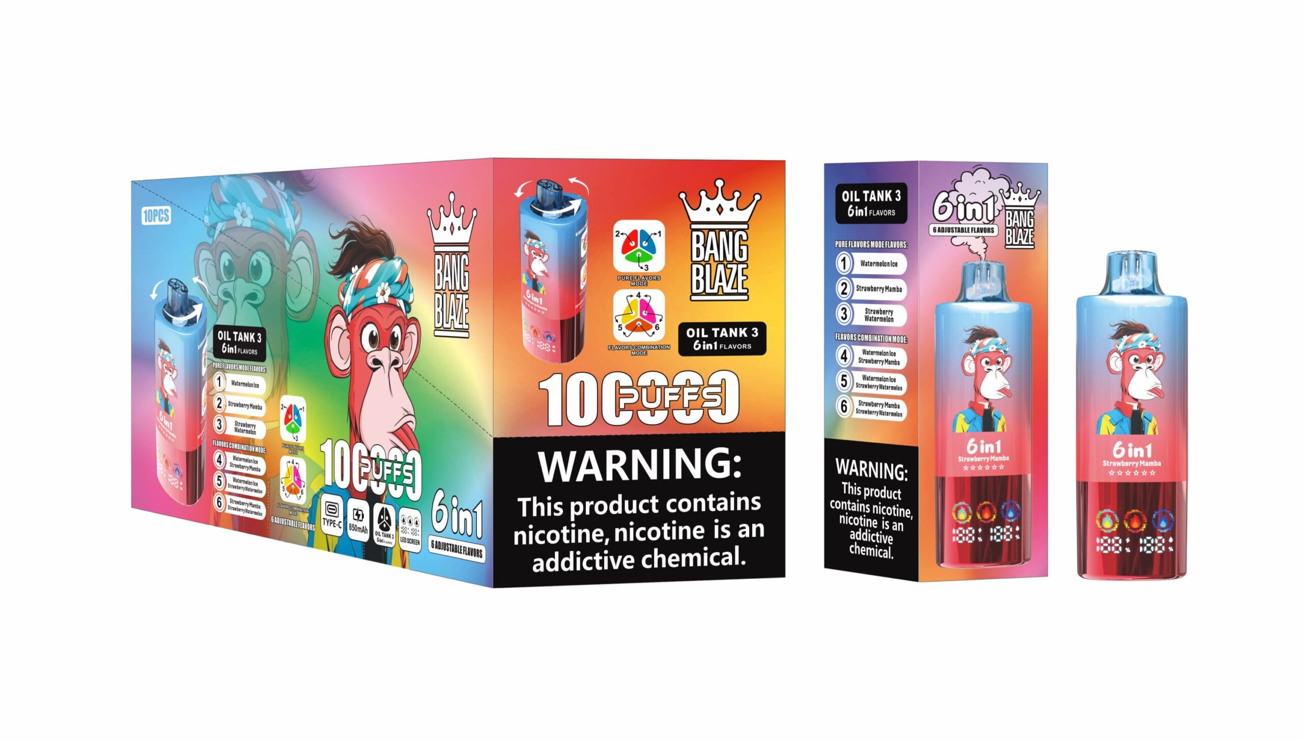 Bang Blaze 100K Puffs 6in1 Vape – 60ML Triple Oil Tanks 6 Flavors Type-C Rechargeable 0–5% Nicotine Pure & Mix Modes gallery image 4