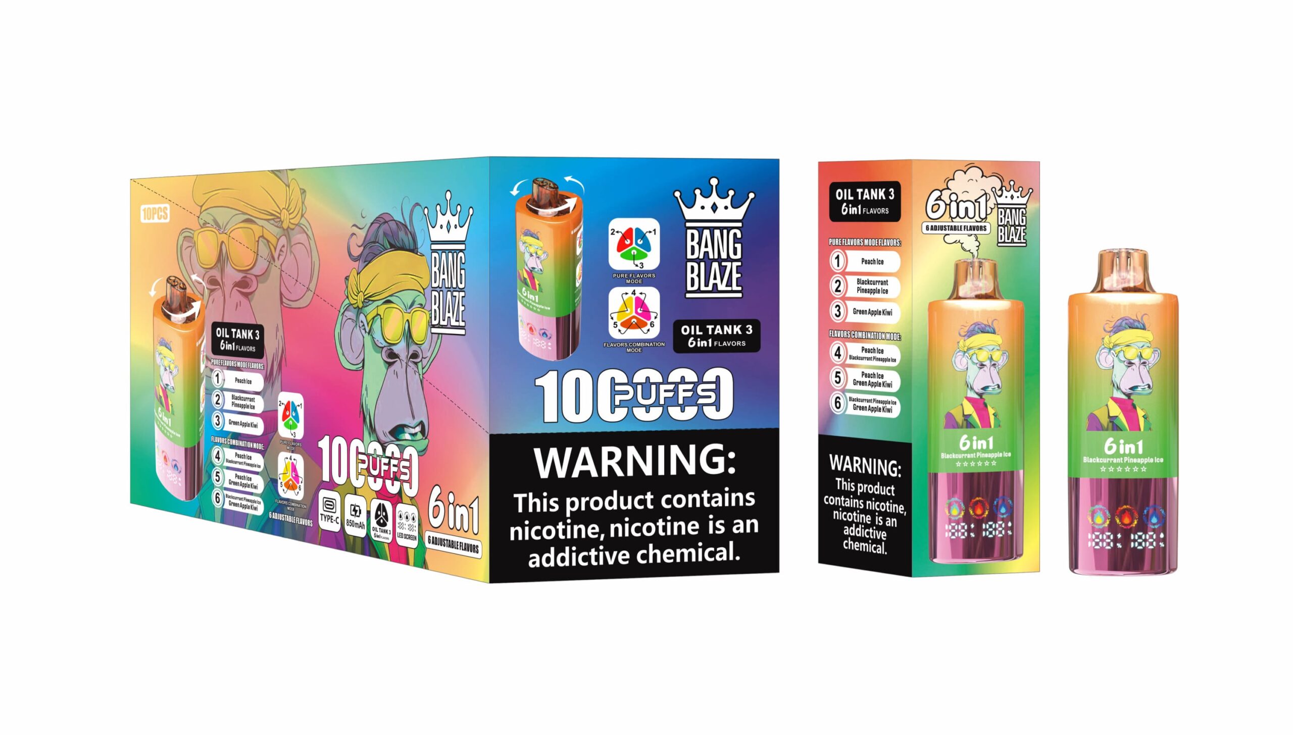 Bang Blaze 100K Puffs 6in1 Vape – 60ML Triple Oil Tanks 6 Flavors Type-C Rechargeable 0–5% Nicotine Pure & Mix Modes gallery image 5