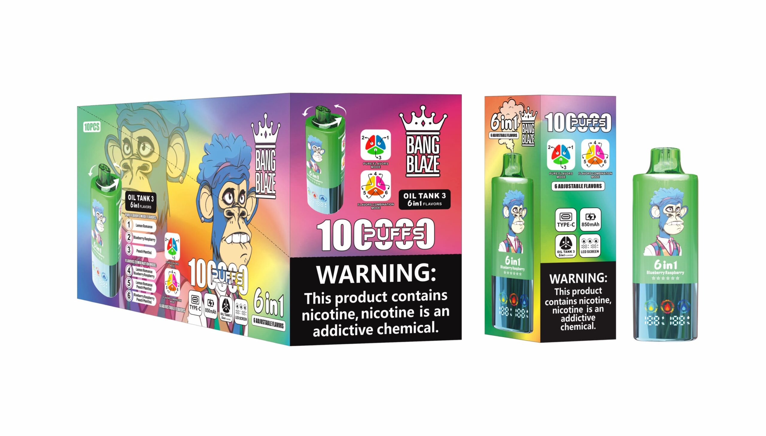 Bang Blaze 100K Puffs 6in1 Vape – 60ML Triple Oil Tanks 6 Flavors Type-C Rechargeable 0–5% Nicotine Pure & Mix Modes gallery image 6