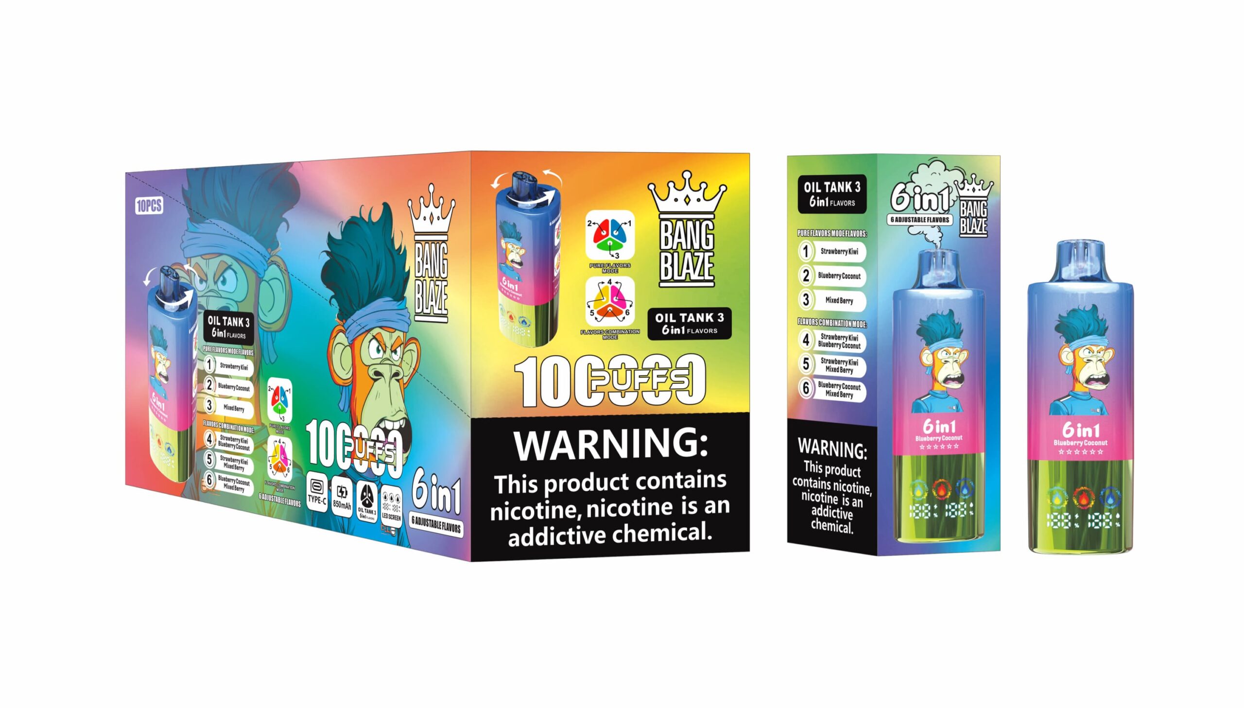 Bang Blaze 100K Puffs 6in1 Vape – 60ML Triple Oil Tanks 6 Flavors Type-C Rechargeable 0–5% Nicotine Pure & Mix Modes gallery image 7