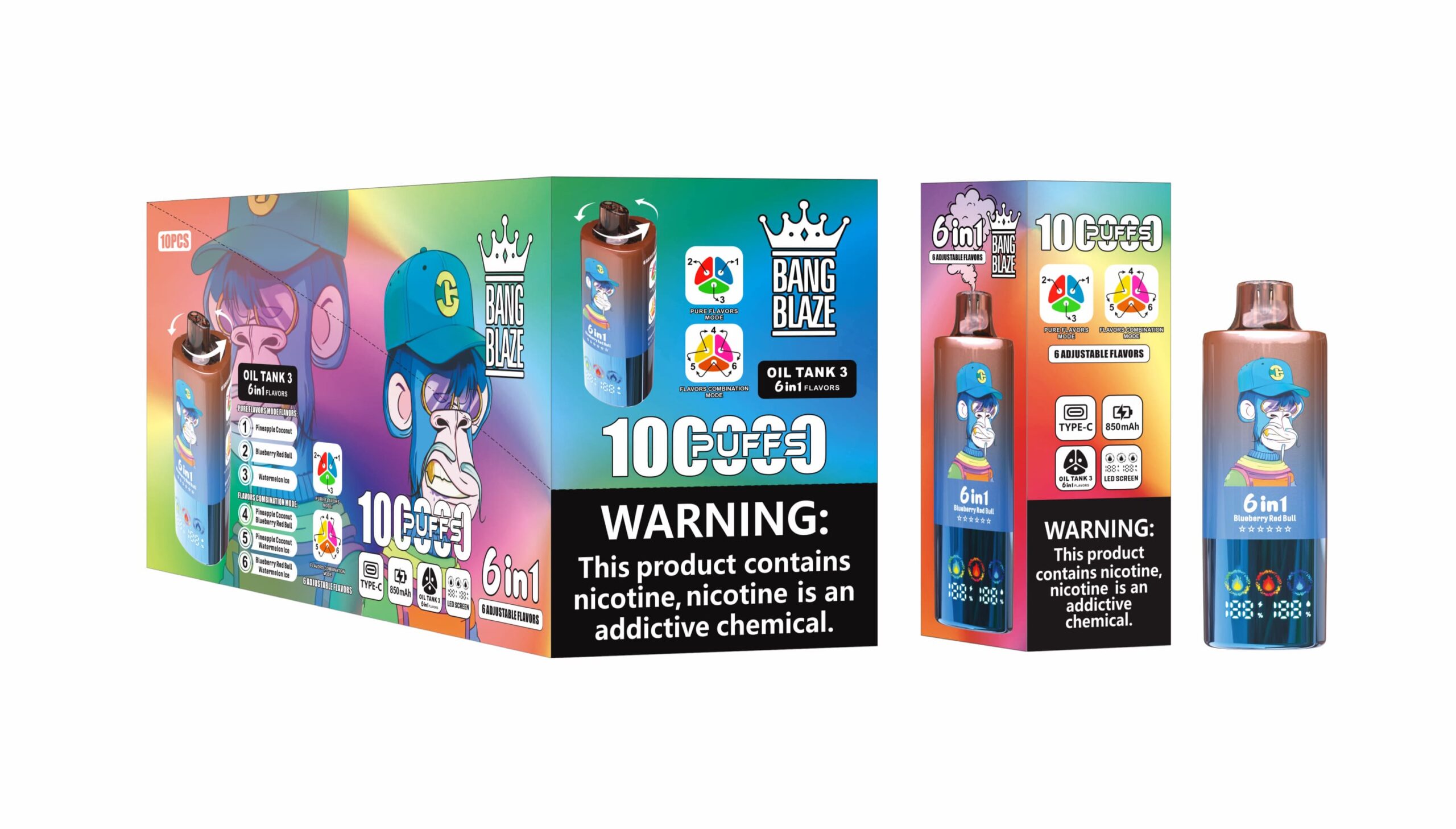 Bang Blaze 100K Puffs 6in1 Vape – 60ML Triple Oil Tanks 6 Flavors Type-C Rechargeable 0–5% Nicotine Pure & Mix Modes gallery image 8