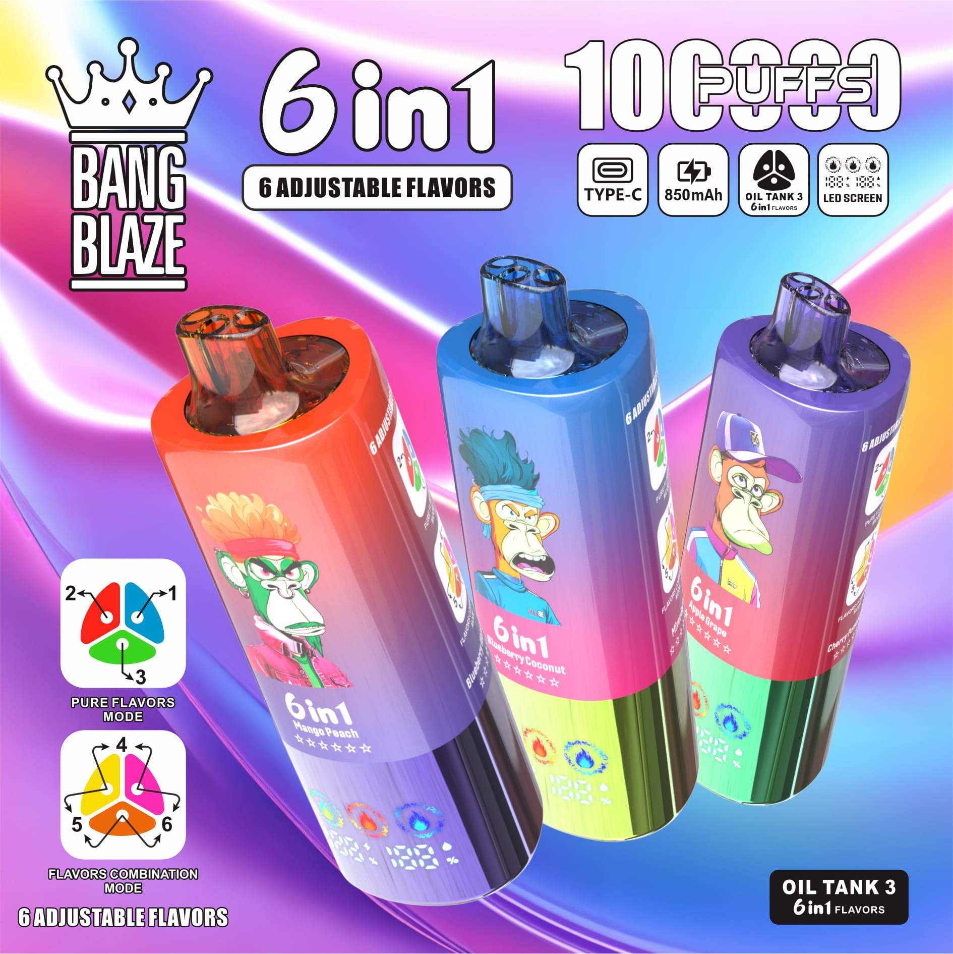 Bang Blaze 100K Puffs 6in1 Vape – 60ML Triple Oil Tanks 6 Flavors Type-C Rechargeable 0–5% Nicotine Pure & Mix Modes