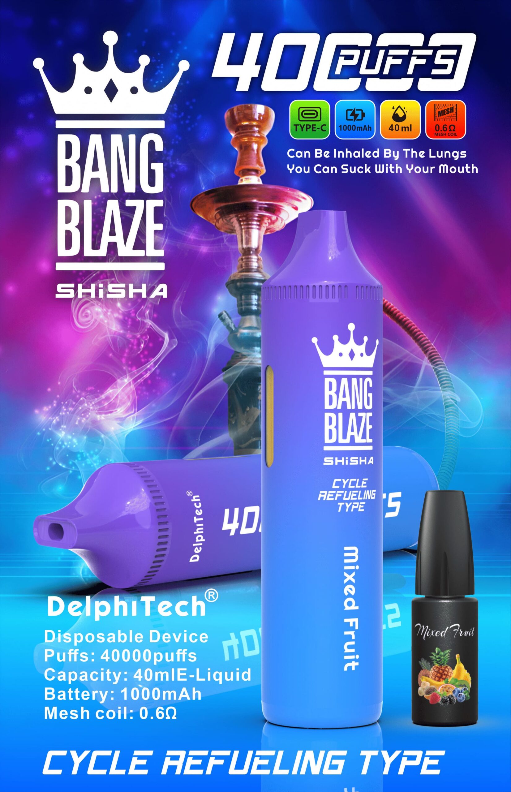 Bang Blaze 40000 Puffs Vape | 40ML Oil Capacity, 1000mAh Battery, Dual Coil, Type-C Rechargeable, 12 Flavors gallery image 3