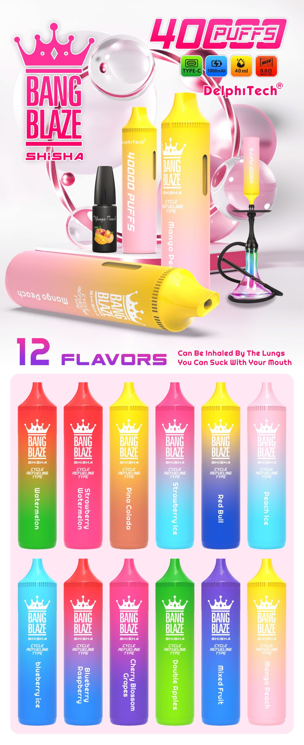 Bang Blaze 40000 Puffs Vape | 40ML Oil Capacity, 1000mAh Battery, Dual Coil, Type-C Rechargeable, 12 Flavors gallery image 4