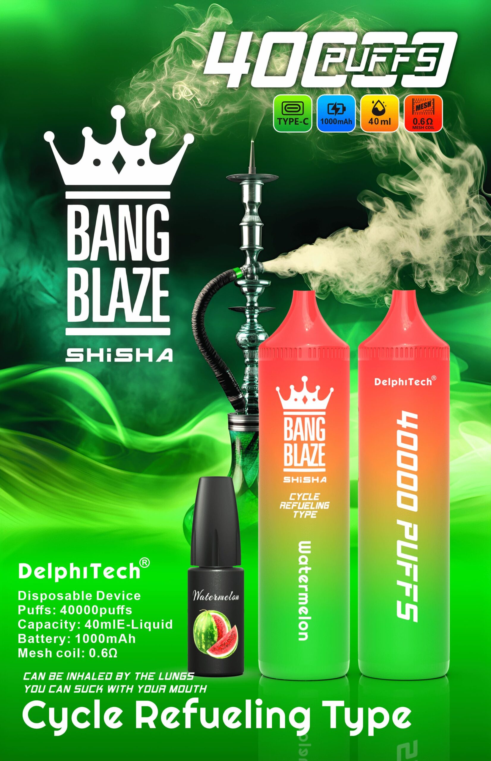 Bang Blaze 40000 Puffs Vape | 40ML Oil Capacity, 1000mAh Battery, Dual Coil, Type-C Rechargeable, 12 Flavors gallery image 6