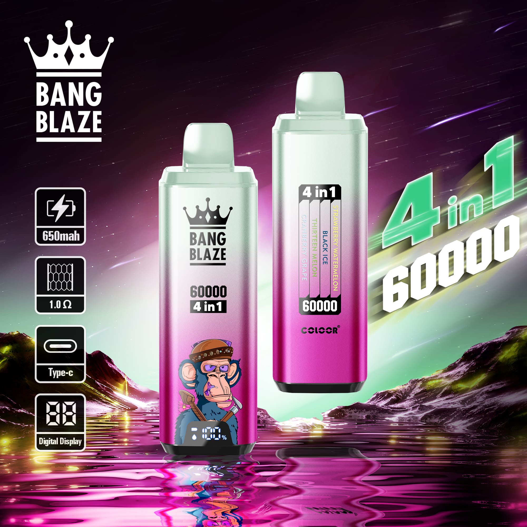 Bang Blaze 60000 Puffs 4in1 Vape | 56ML E-liquid, 650mAh Battery, Type-C Rechargeable, 12 Flavor Options gallery image 1
