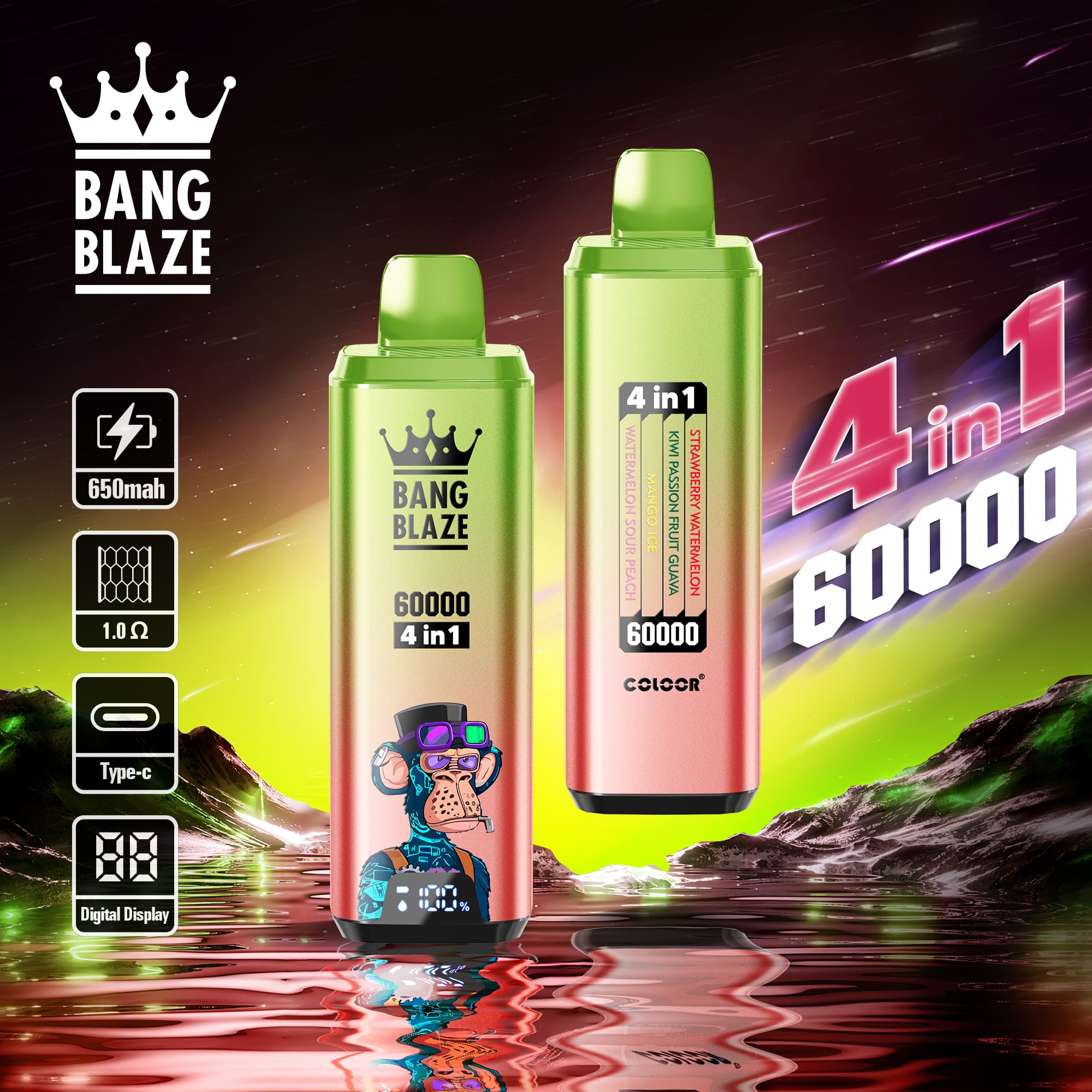 Bang Blaze 60000 Puffs 4in1 Vape | 56ML E-liquid, 650mAh Battery, Type-C Rechargeable, 12 Flavor Options gallery image 2