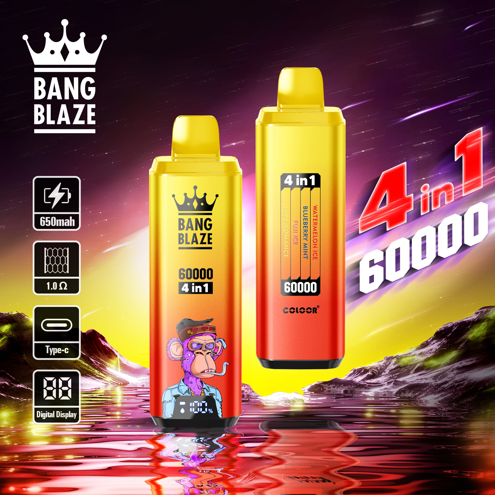 Bang Blaze 60000 Puffs 4in1 Vape | 56ML E-liquid, 650mAh Battery, Type-C Rechargeable, 12 Flavor Options gallery image 3