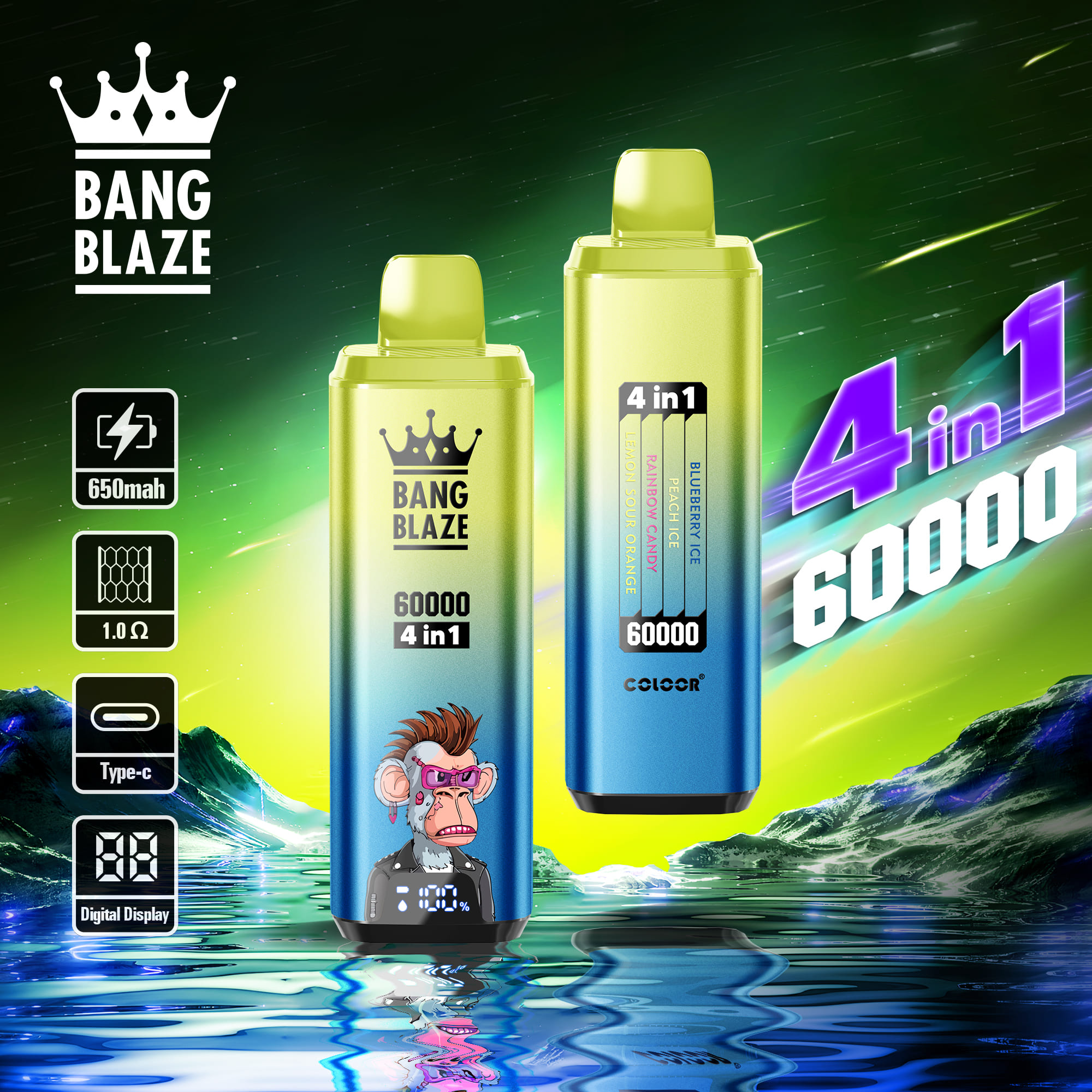 Bang Blaze 60000 Puffs 4in1 Vape | 56ML E-liquid, 650mAh Battery, Type-C Rechargeable, 12 Flavor Options gallery image 4