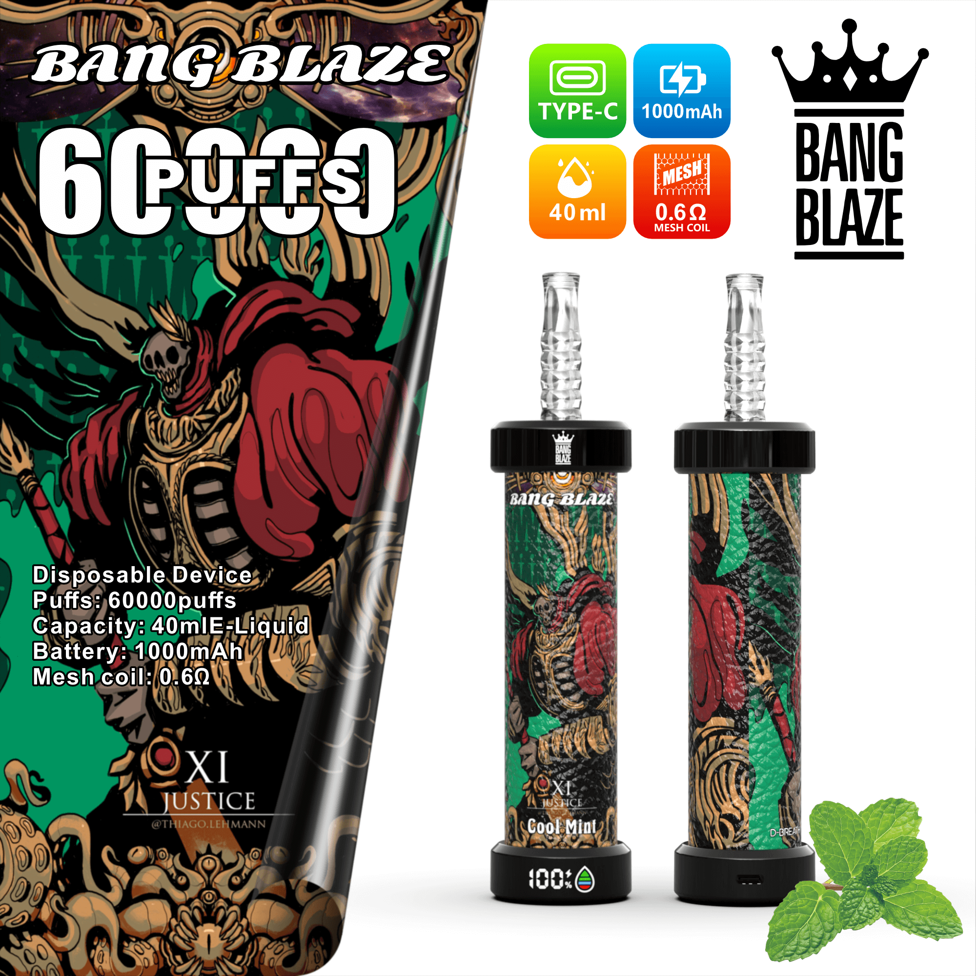Bang Blaze 60000 Puffs Vape | 1000mAh Battery, 40ML E-liquid, Dual Coil, 10 Premium Flavors gallery image 1