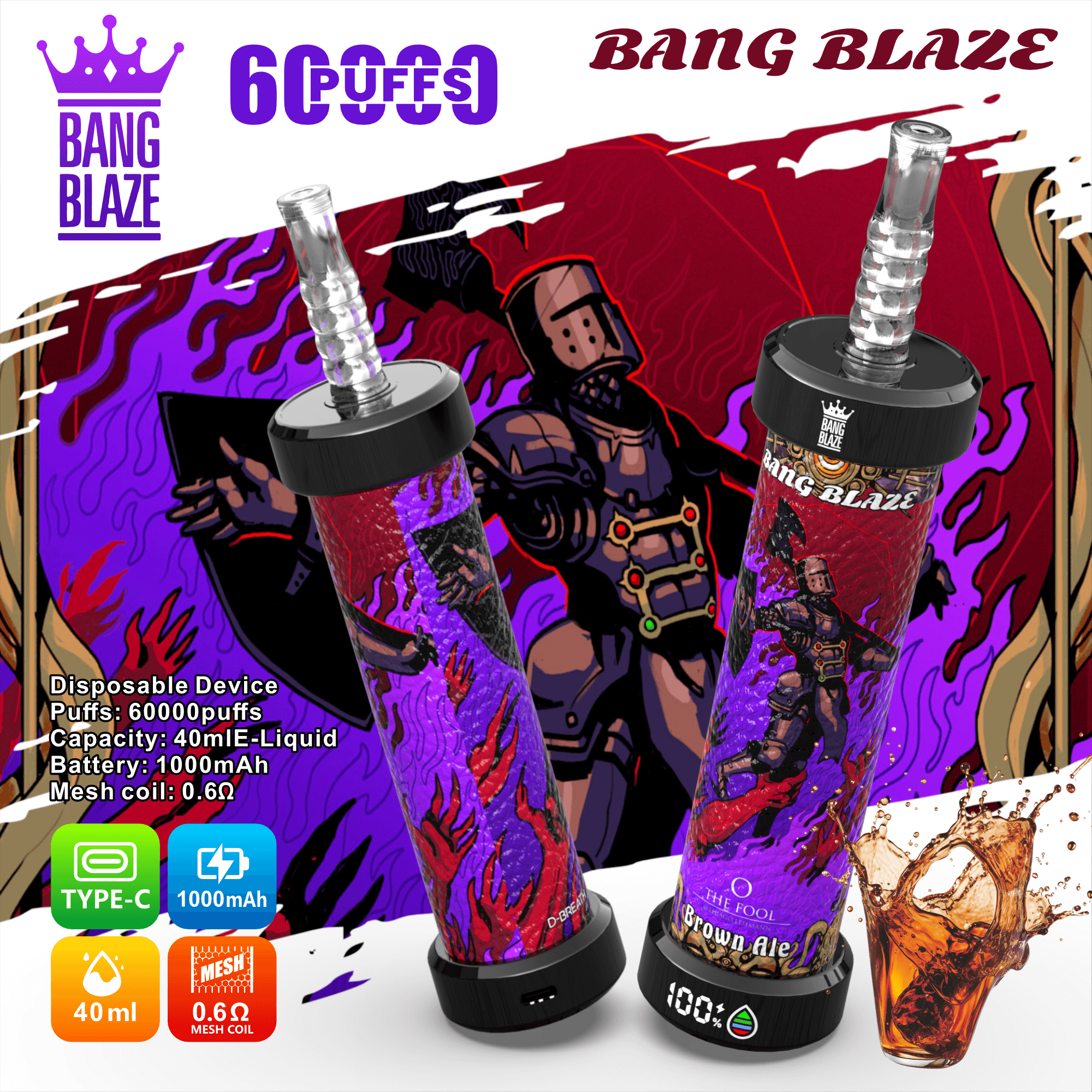 Bang Blaze 60000 Puffs Vape | 1000mAh Battery, 40ML E-liquid, Dual Coil, 10 Premium Flavors gallery image 2