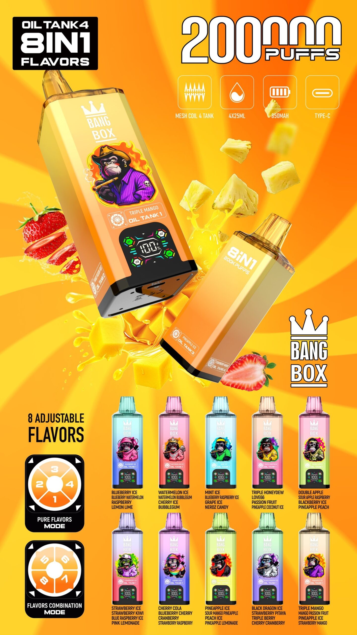 Bang Box 200000 Puffs 8-in-1 Vape – 200K Ultra Capacity | 8 Flavor Switching | 850mAh Rechargeable | Mesh Coil | Type-C | 0% 2% 3% 5% Nicotine gallery image 1