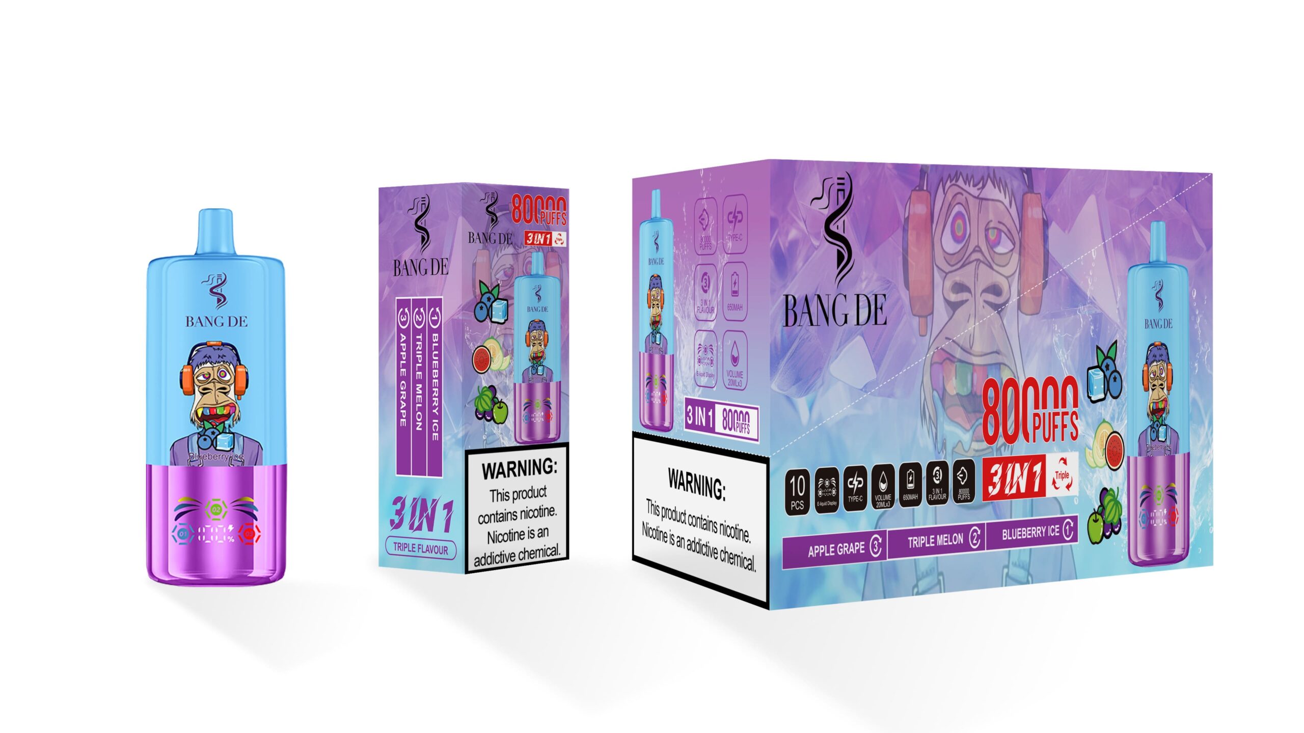 Bang De Triple 80000 Puffs Vape | 60ML (20ML × 3) E-liquid | 3-in-1 Flavor | 650mAh Type-C Recharge | 0–5% Nicotine gallery image 4