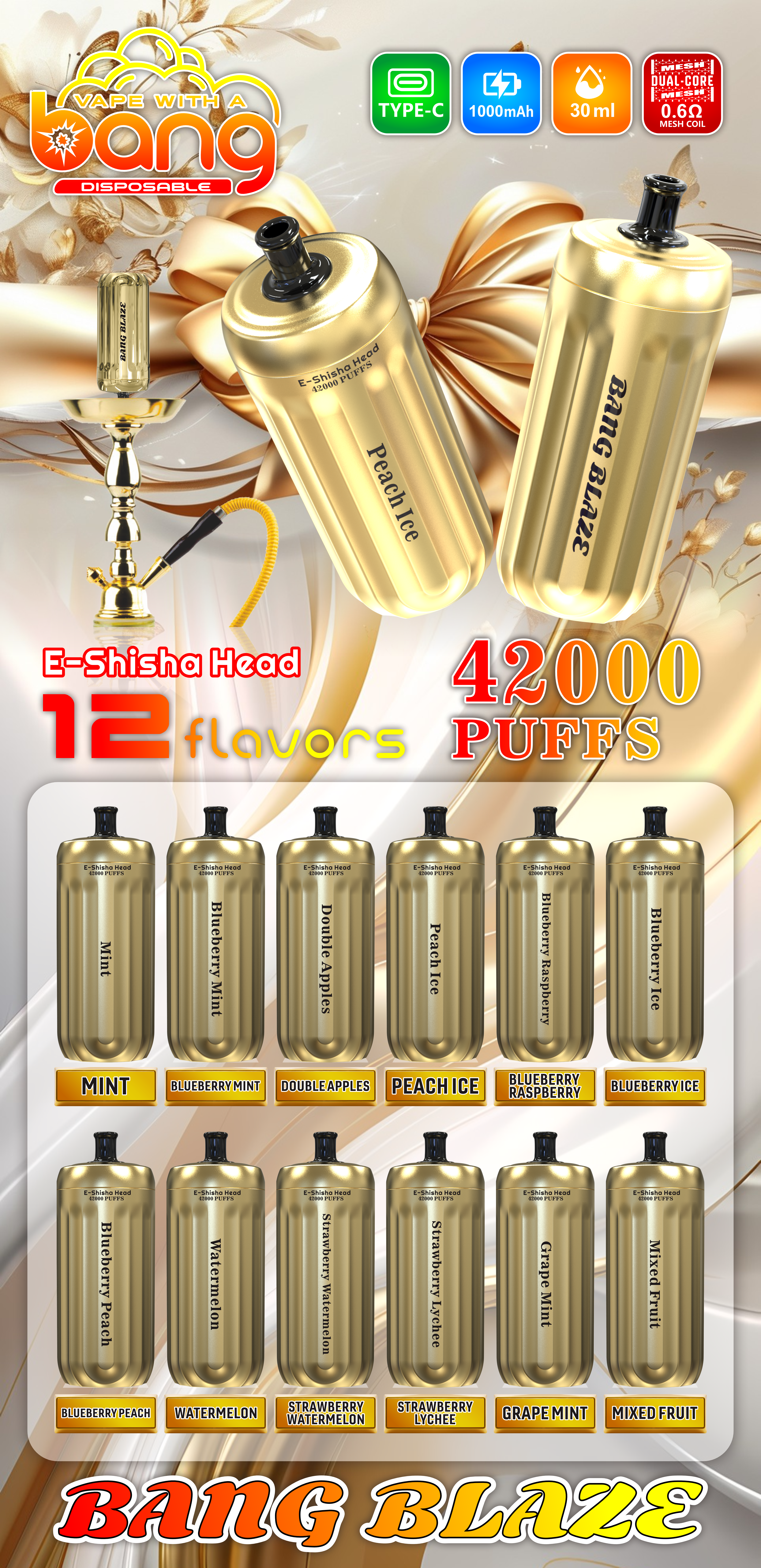 Bang Gold 42000 Puffs Disposable Vape - 850mAh Battery, 40mL E-Liquid, 0% to 5% Nicotine Options gallery image 1