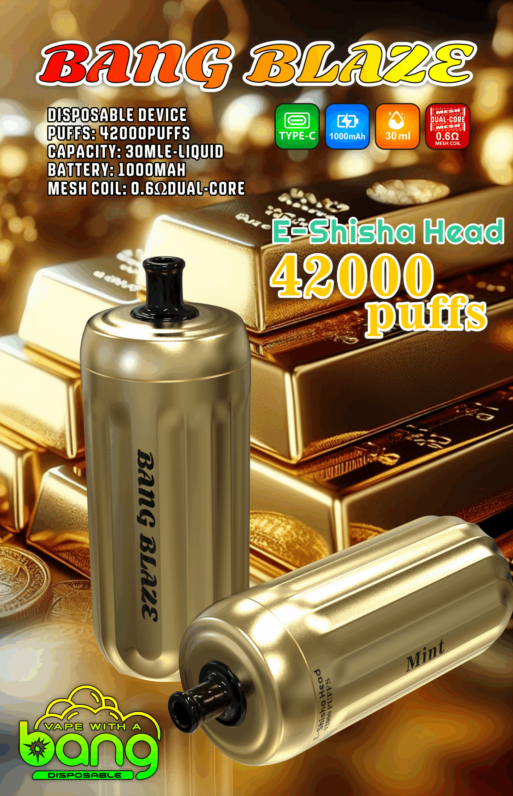 Bang Gold 42000 Puffs Disposable Vape - 850mAh Battery, 40mL E-Liquid, 0% to 5% Nicotine Options gallery image 2