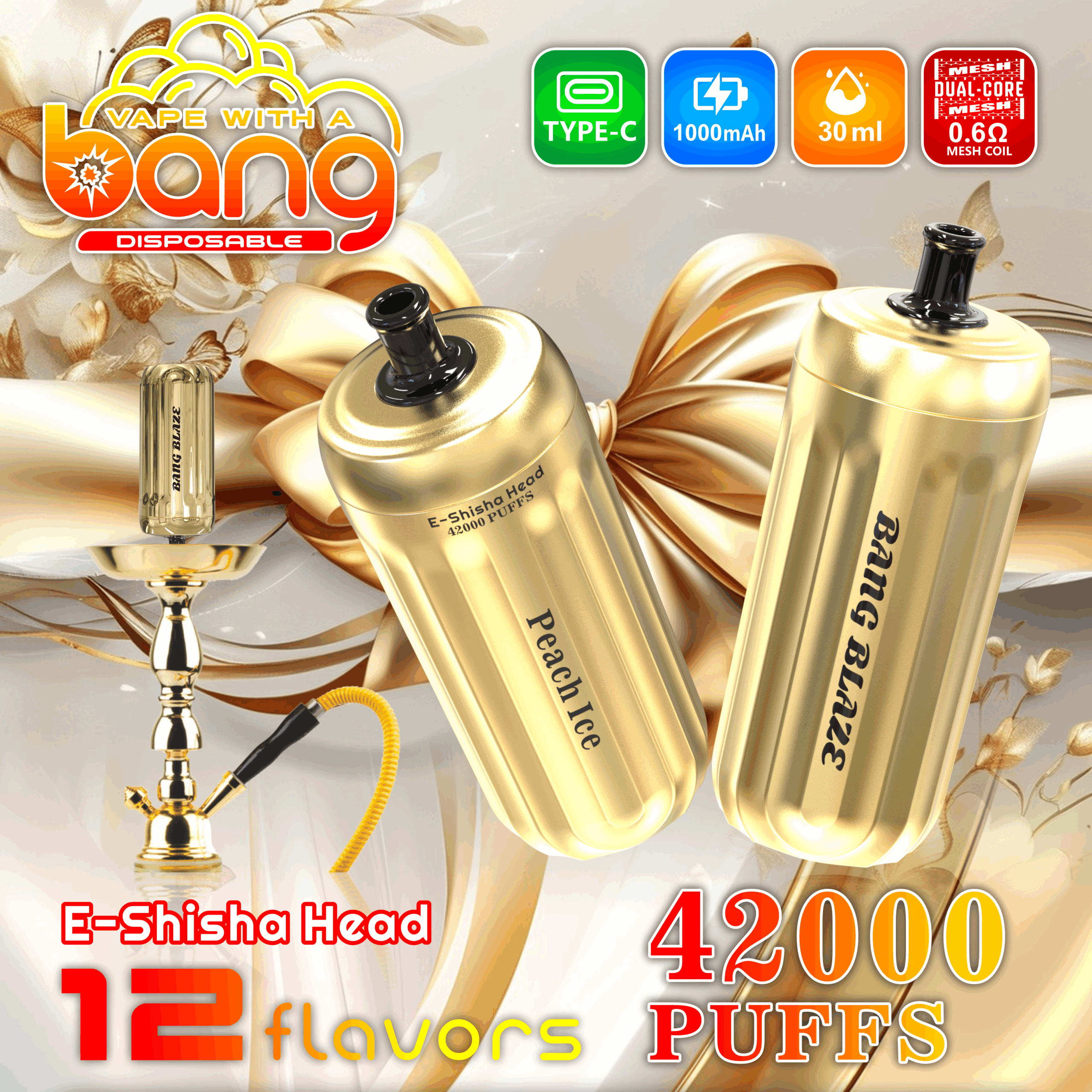 Bang Gold 42000 Puffs Disposable Vape - 850mAh Battery, 40mL E-Liquid, 0% to 5% Nicotine Options