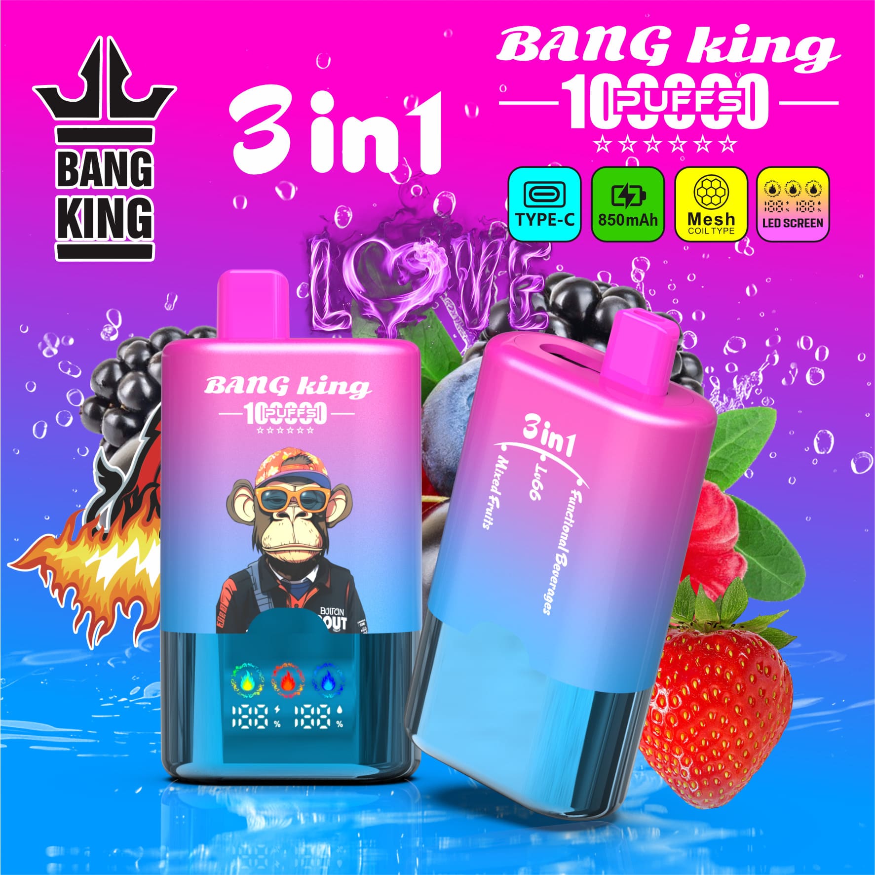 Bang King 100000 Puffs 3-in-1 Vape – LED Screen | 850mAh Rechargeable | Mesh Coil | Type-C Charging | 0-5% Nicotine gallery image 1