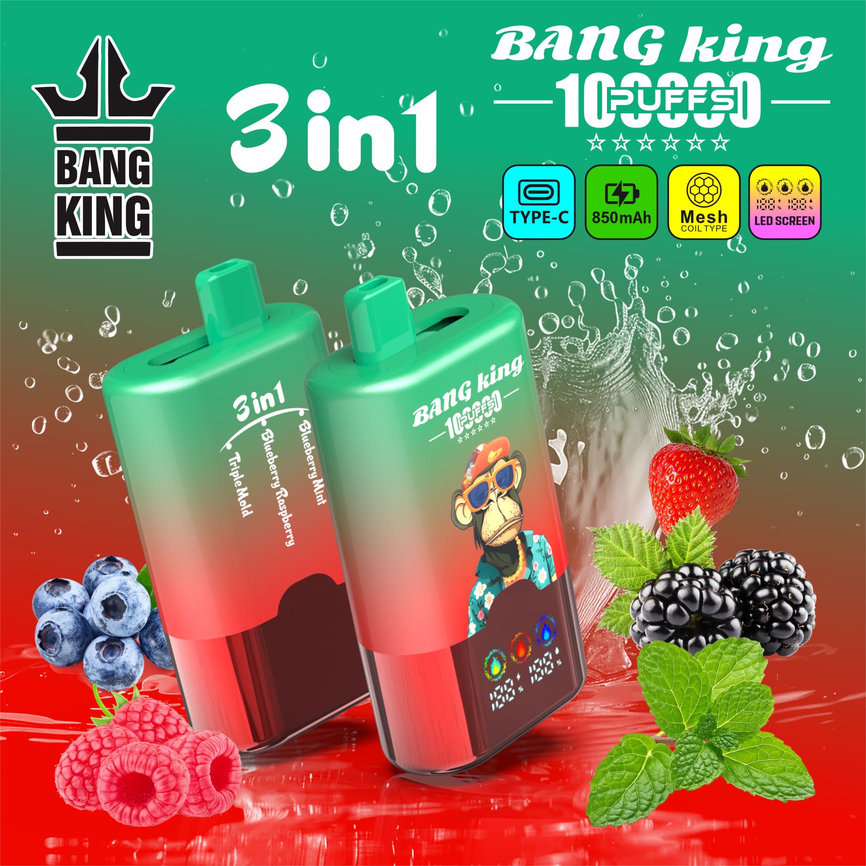 Bang King 100000 Puffs 3-in-1 Vape – LED Screen | 850mAh Rechargeable | Mesh Coil | Type-C Charging | 0-5% Nicotine gallery image 2
