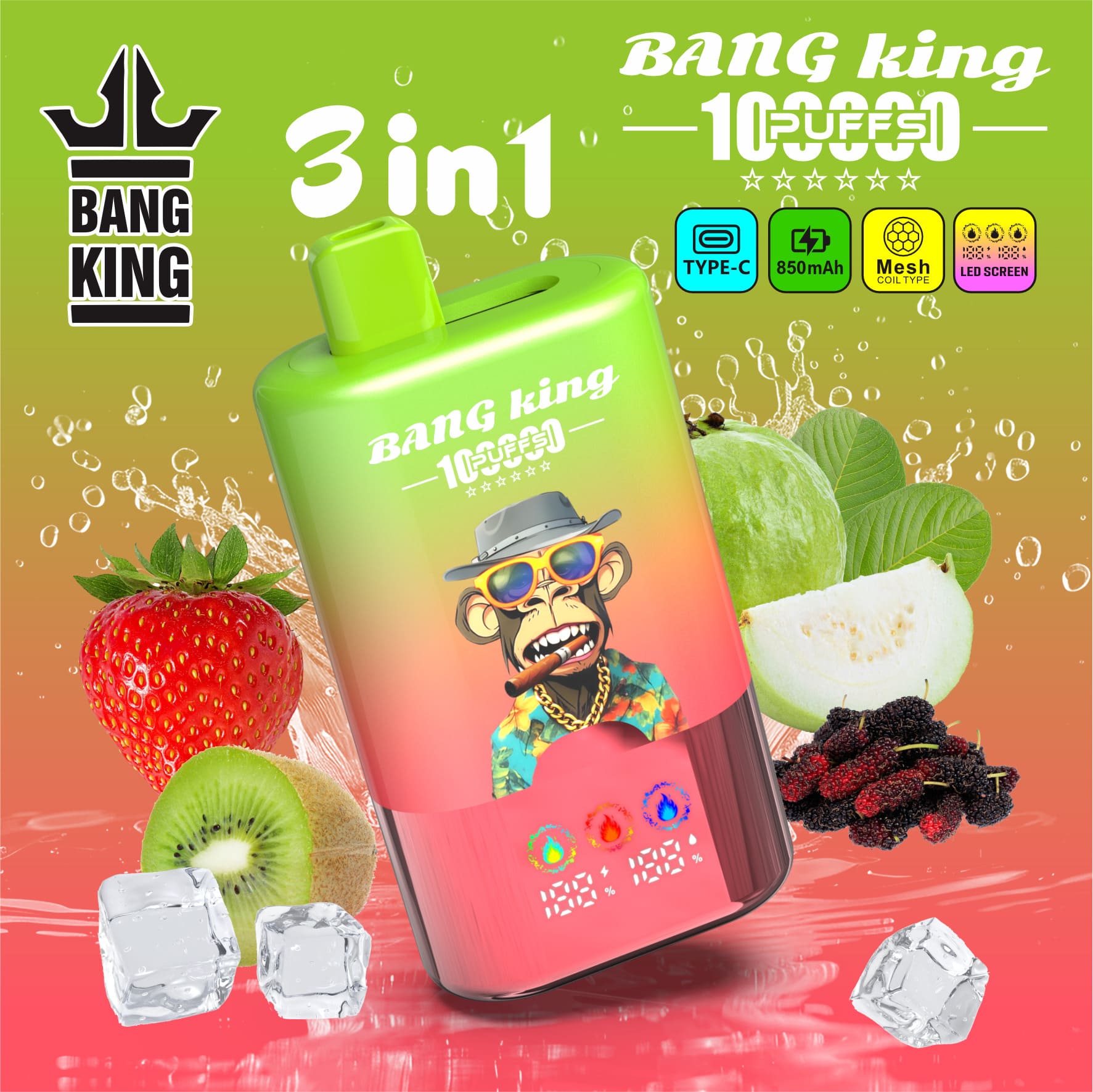 Bang King 100000 Puffs 3-in-1 Vape – LED Screen | 850mAh Rechargeable | Mesh Coil | Type-C Charging | 0-5% Nicotine gallery image 3
