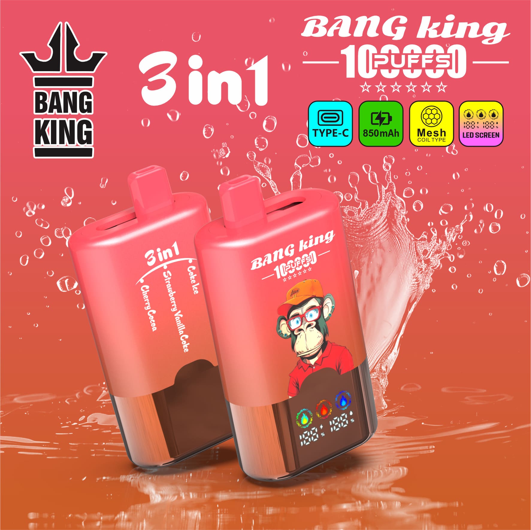 Bang King 100000 Puffs 3-in-1 Vape – LED Screen | 850mAh Rechargeable | Mesh Coil | Type-C Charging | 0-5% Nicotine gallery image 4