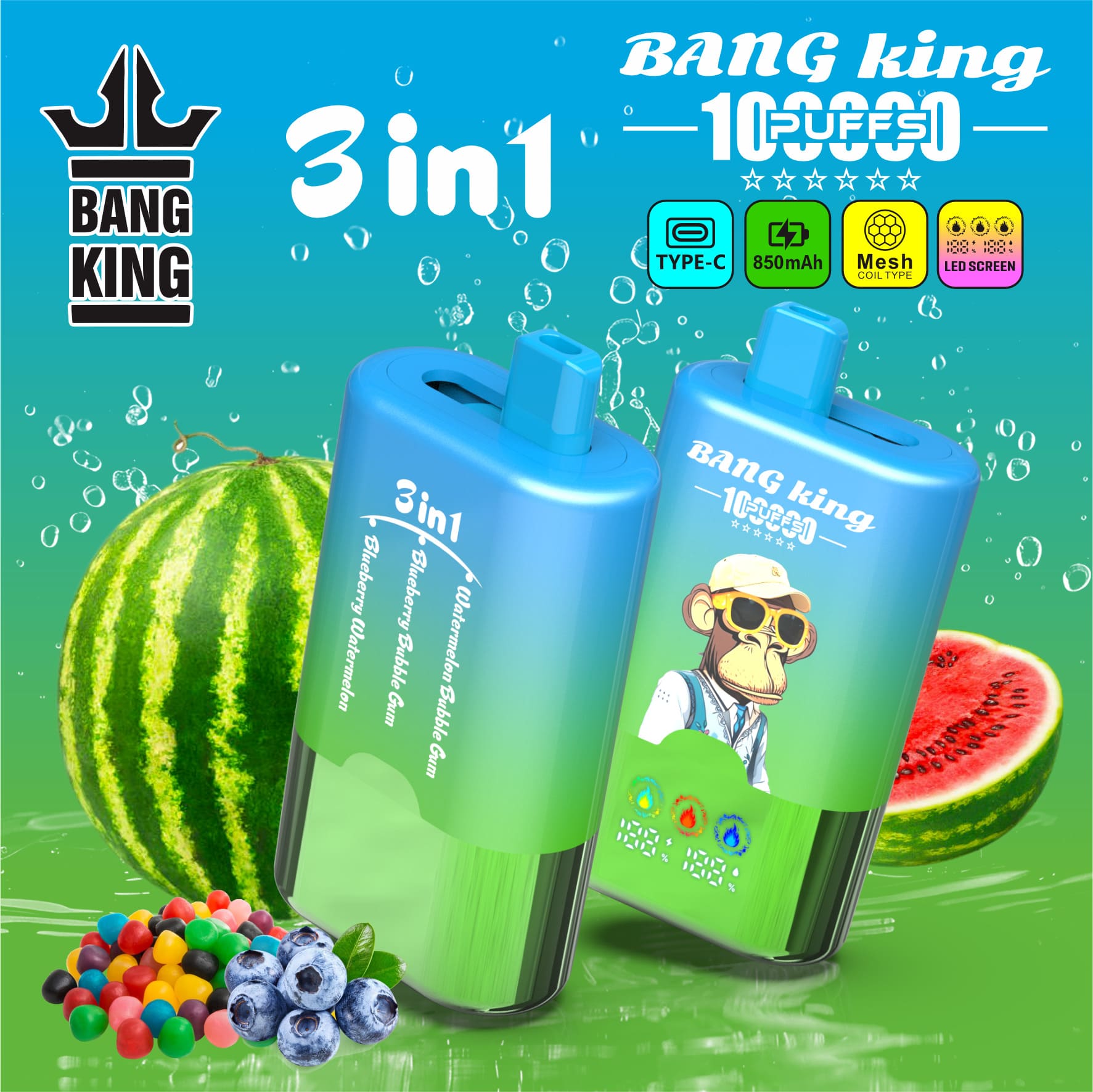 Bang King 100000 Puffs 3-in-1 Vape – LED Screen | 850mAh Rechargeable | Mesh Coil | Type-C Charging | 0-5% Nicotine gallery image 5