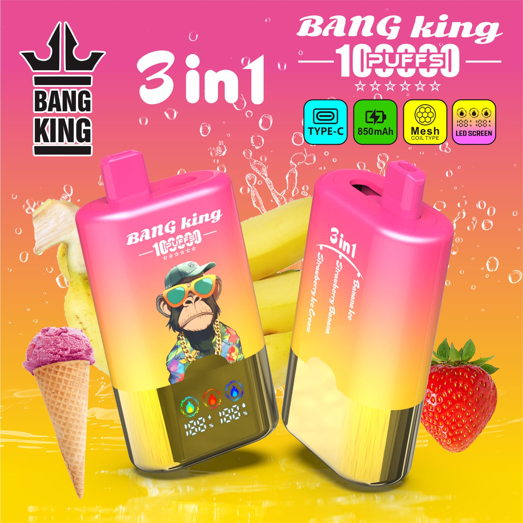 Bang King 100000 Puffs 3-in-1 Vape – LED Screen | 850mAh Rechargeable | Mesh Coil | Type-C Charging | 0-5% Nicotine gallery image 6