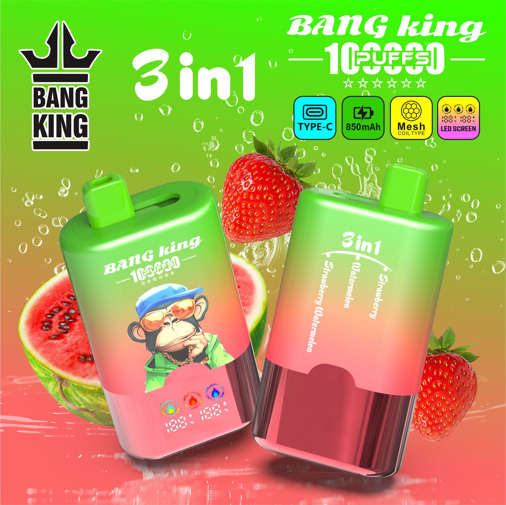 Bang King 100000 Puffs 3-in-1 Vape – LED Screen | 850mAh Rechargeable | Mesh Coil | Type-C Charging | 0-5% Nicotine gallery image 7