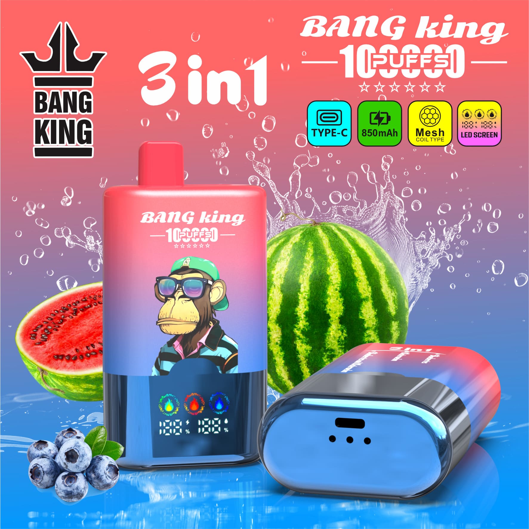 Bang King 100000 Puffs 3-in-1 Vape – LED Screen | 850mAh Rechargeable | Mesh Coil | Type-C Charging | 0-5% Nicotine gallery image 8
