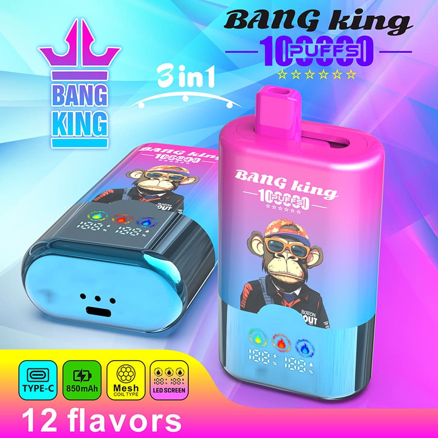 Bang King 100000 Puffs 3-in-1 Vape – LED Screen | 850mAh Rechargeable | Mesh Coil | Type-C Charging | 0-5% Nicotine