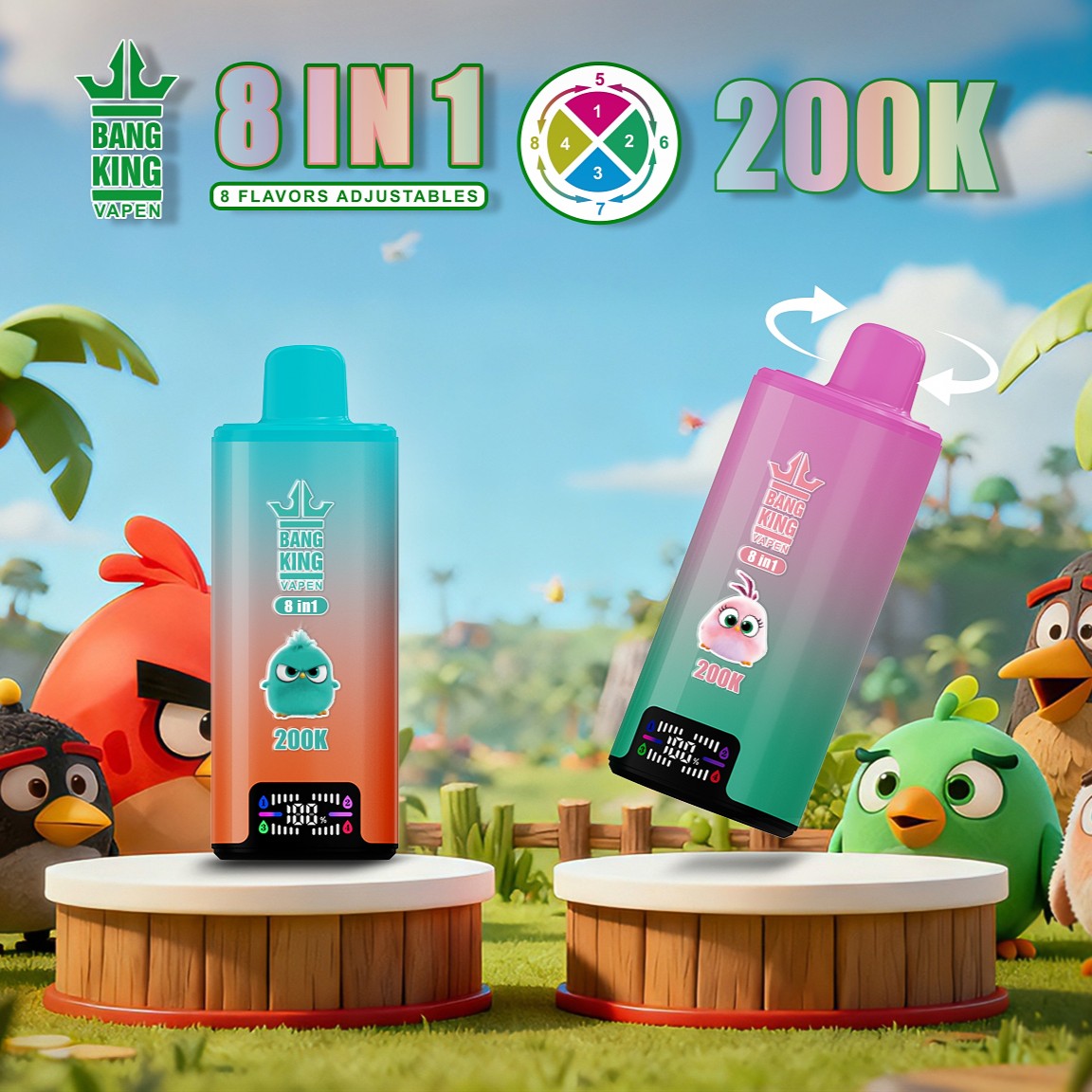 Bang King 200000 Puffs 8-in-1 Vape – 8 Flavor Adjustable | 650mAh Rechargeable | Type-C | 0–5% Nicotine | 6PCS/Box