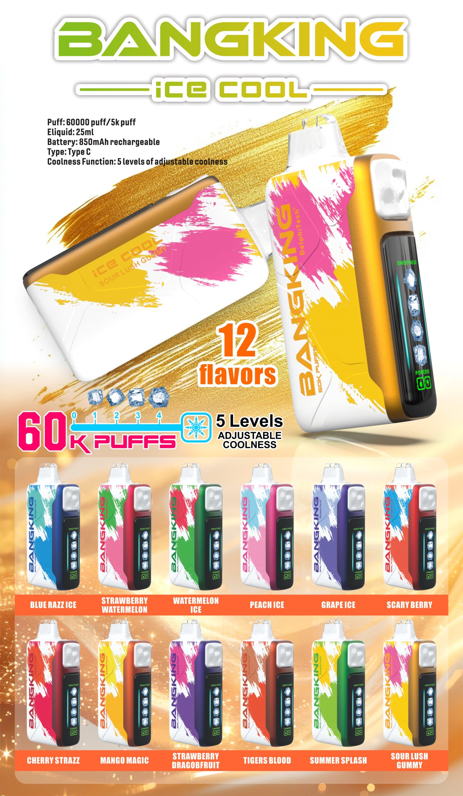 Bang King Ice Cool 60000 Puffs Vape – 5-Level Adjustable Coolness, Mesh Coil, Long-Lasting Performance gallery image 1