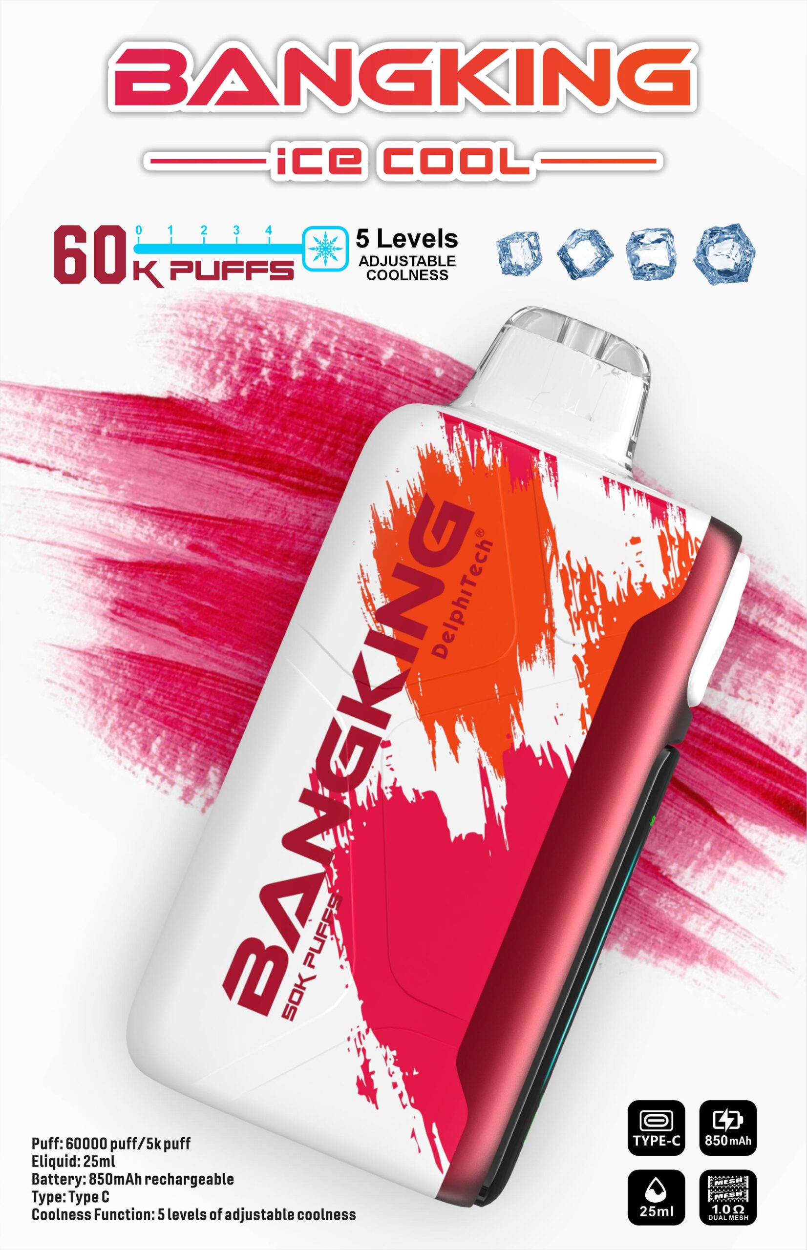 Bang King Ice Cool 60000 Puffs Vape – 5-Level Adjustable Coolness, Mesh Coil, Long-Lasting Performance gallery image 3
