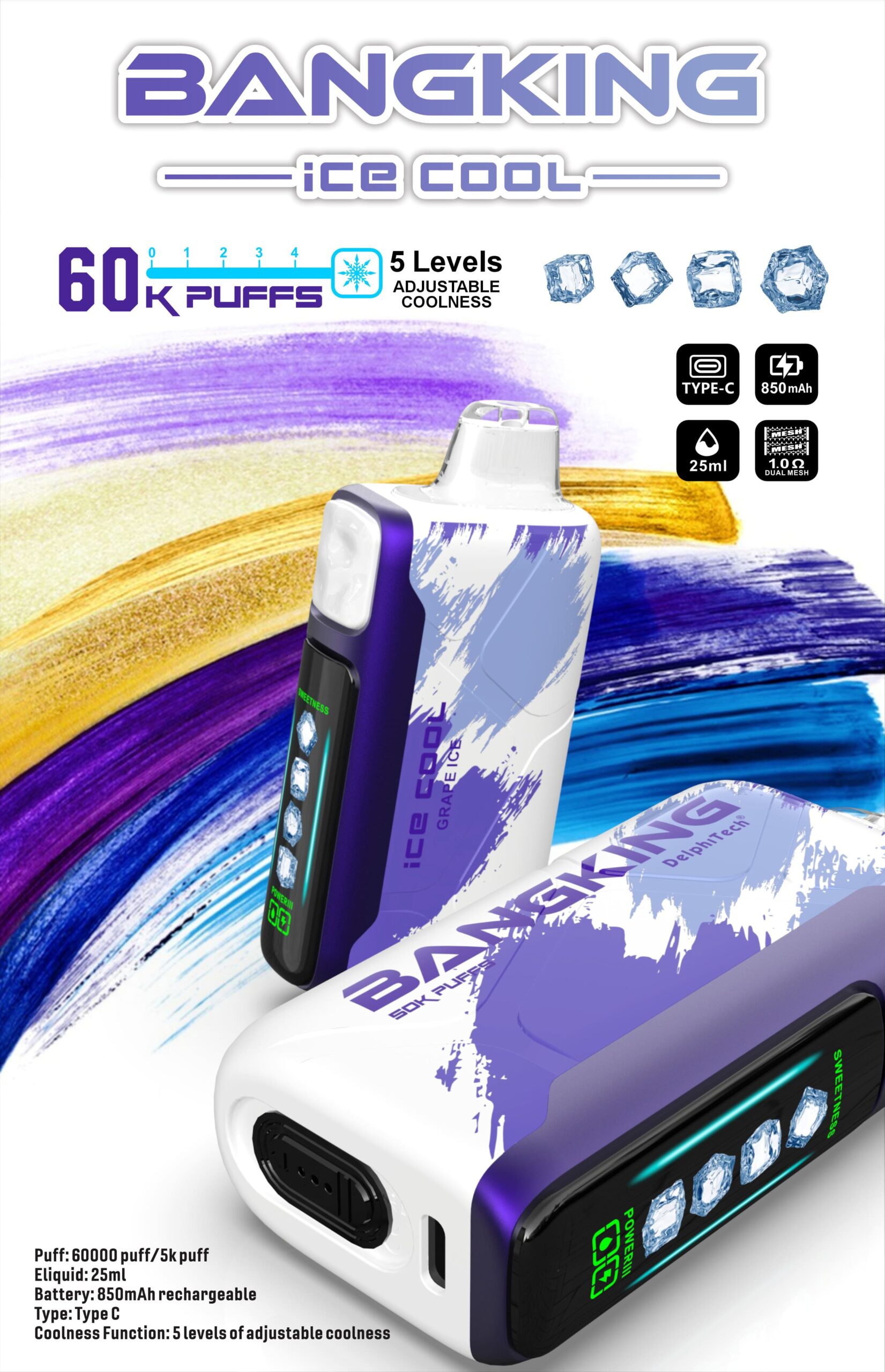 Bang King Ice Cool 60000 Puffs Vape – 5-Level Adjustable Coolness, Mesh Coil, Long-Lasting Performance gallery image 4