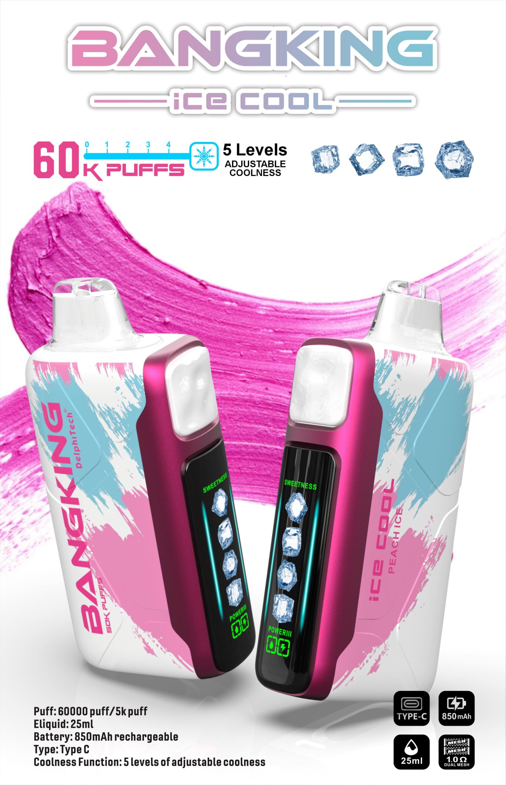 Bang King Ice Cool 60000 Puffs Vape – 5-Level Adjustable Coolness, Mesh Coil, Long-Lasting Performance gallery image 6