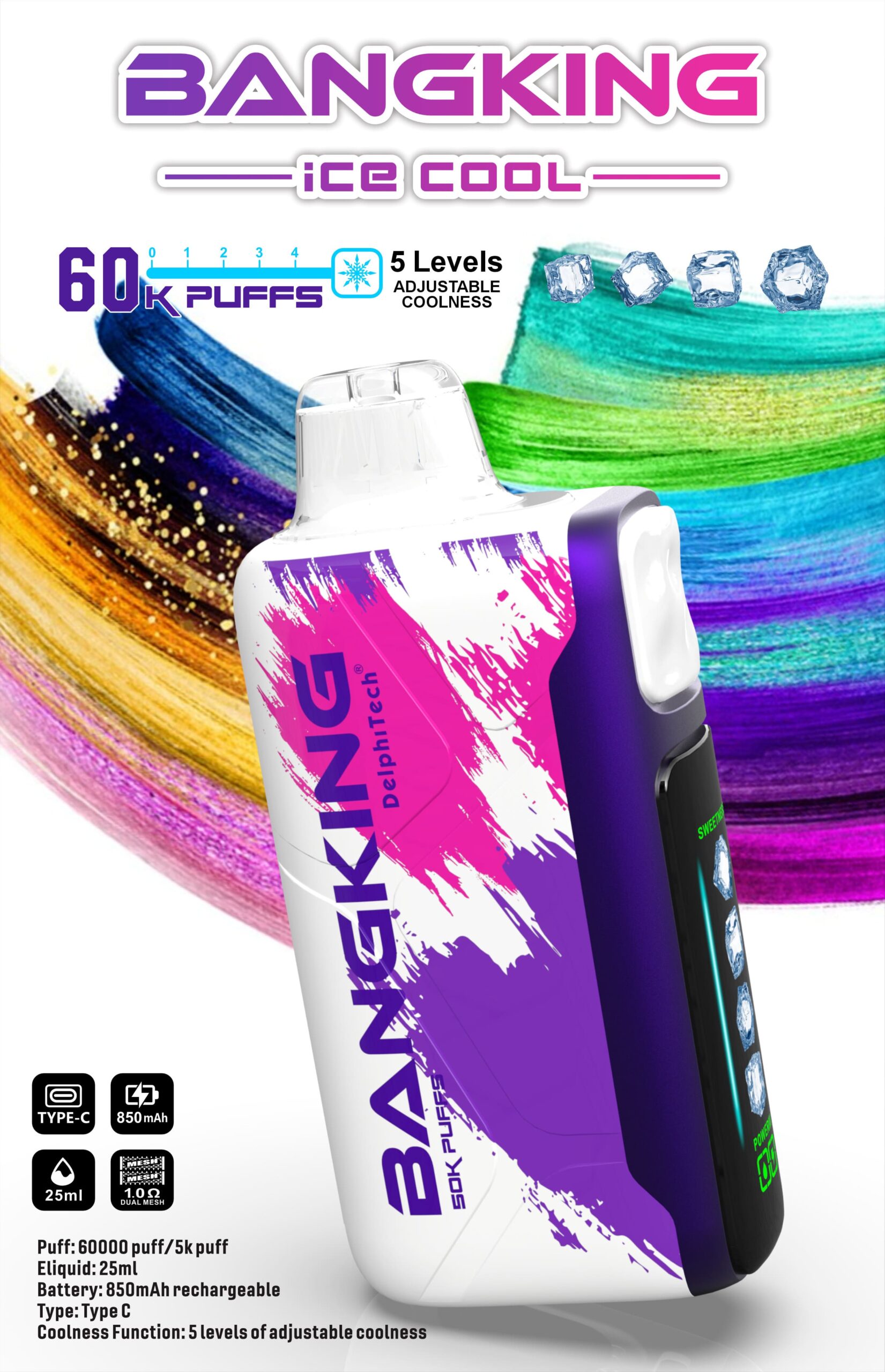 Bang King Ice Cool 60000 Puffs Vape – 5-Level Adjustable Coolness, Mesh Coil, Long-Lasting Performance gallery image 8