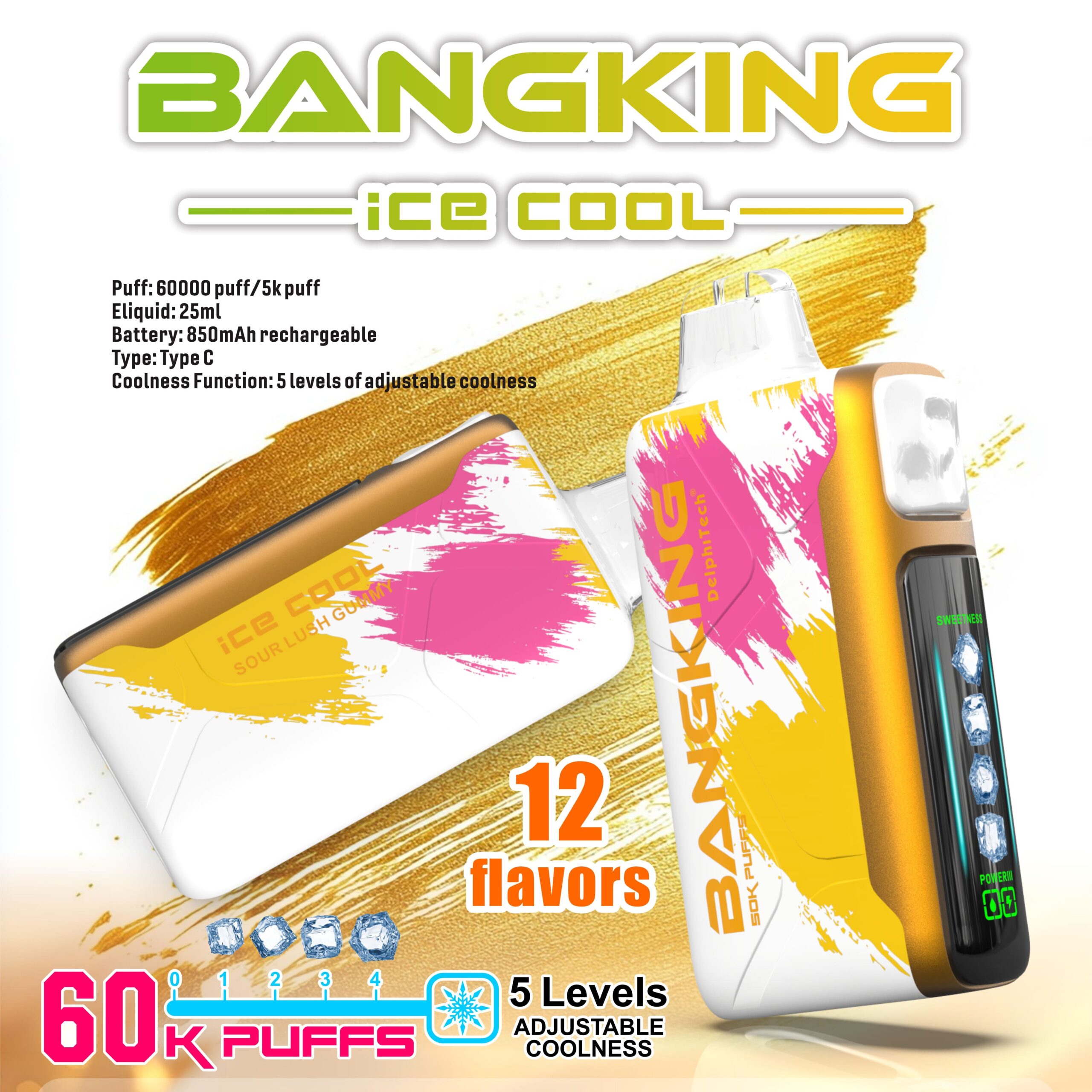 Bang King Ice Cool 60000 Puffs Vape – 5-Level Adjustable Coolness, Mesh Coil, Long-Lasting Performance