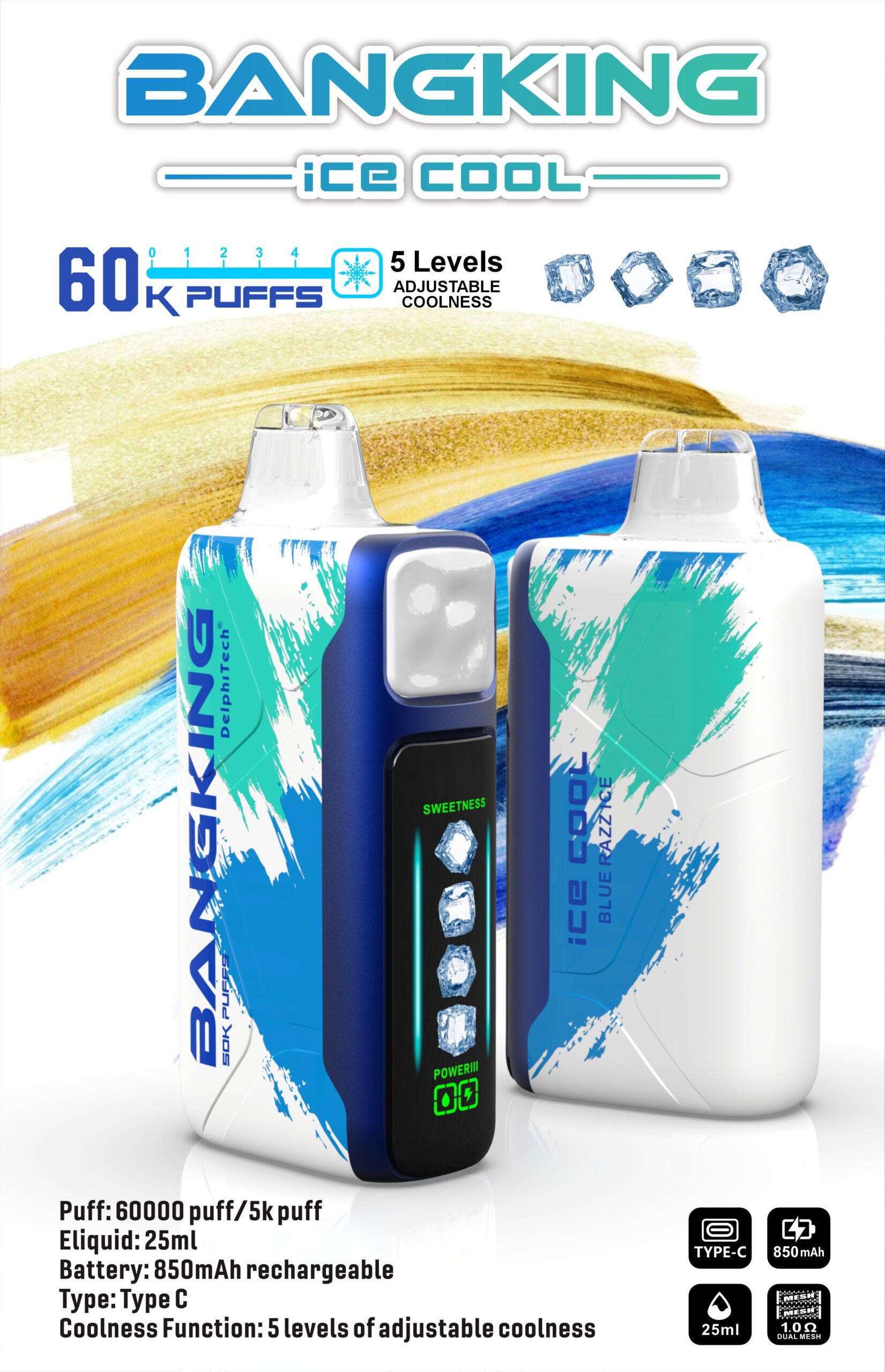 Bang King Ice Cool 60000パフ ベイプ – 5段階の冷感調整、メッシュコイル、（日本倉庫） gallery image 1