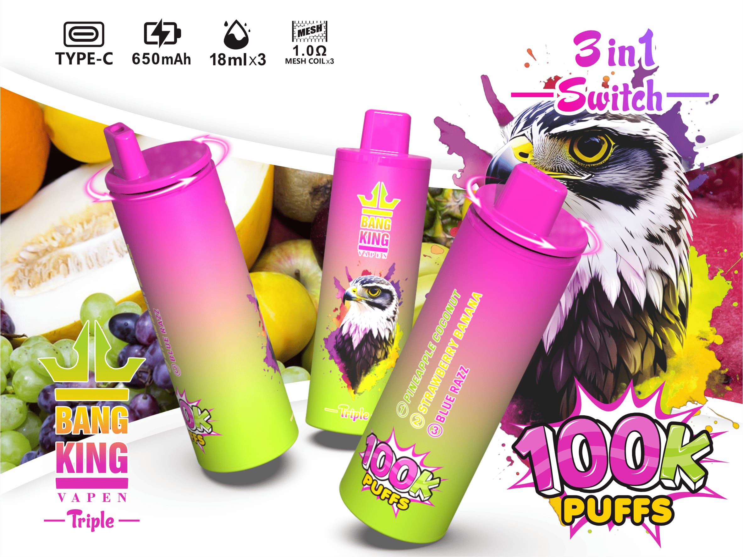 Bang King Triple 100000 Puffs Vape – 3 Oil Tanks Triple Flavor System Mesh Coil Type-C Recharge 0–5% Nicotine gallery image 2