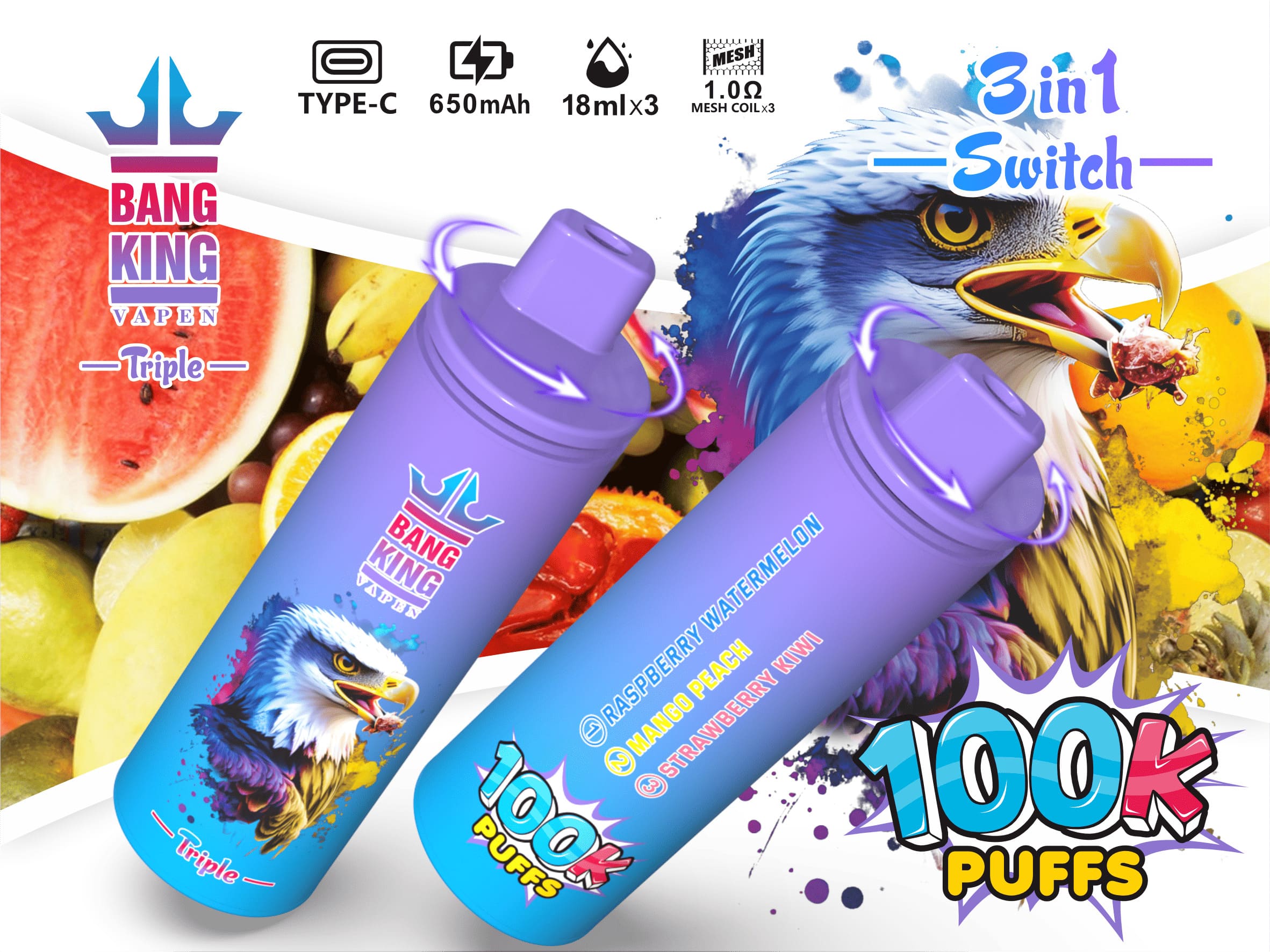 Bang King Triple 100000 Puffs Vape – 3 Oil Tanks Triple Flavor System Mesh Coil Type-C Recharge 0–5% Nicotine gallery image 3