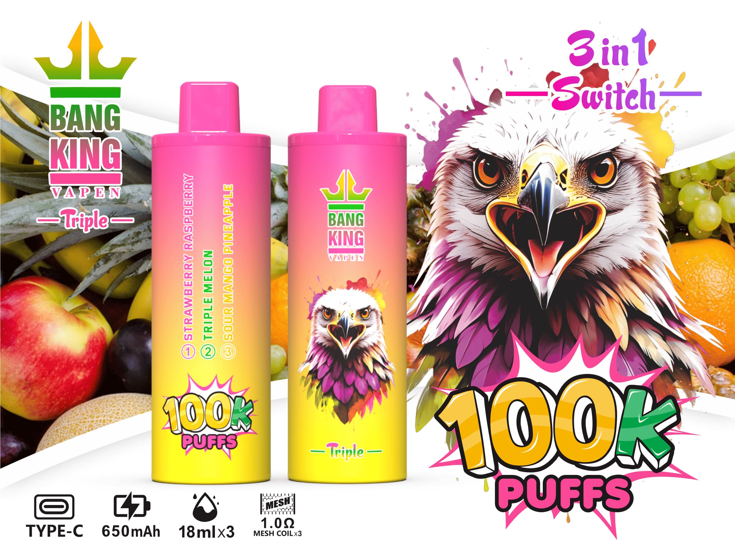 Bang King Triple 100000 Puffs Vape – 3 Oil Tanks Triple Flavor System Mesh Coil Type-C Recharge 0–5% Nicotine gallery image 6