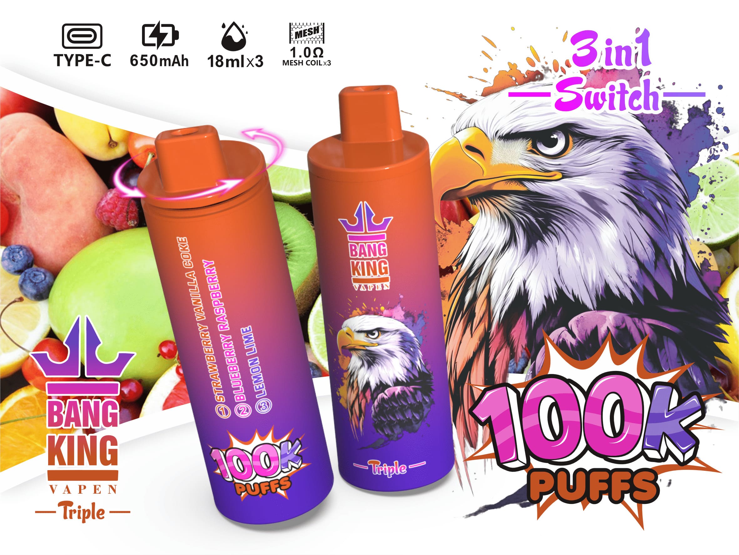 Bang King Triple 100000 Puffs Vape – 3 Oil Tanks Triple Flavor System Mesh Coil Type-C Recharge 0–5% Nicotine gallery image 7