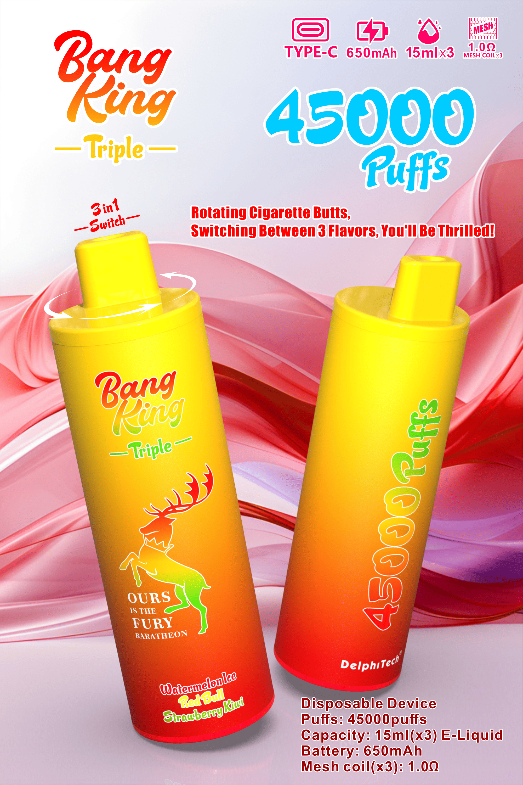 Bang King Triple 45000 Puffs Disposable Vape - Triple Pods (15mL×3), 650mAh Battery, 0%-5% Nicotine gallery image 1