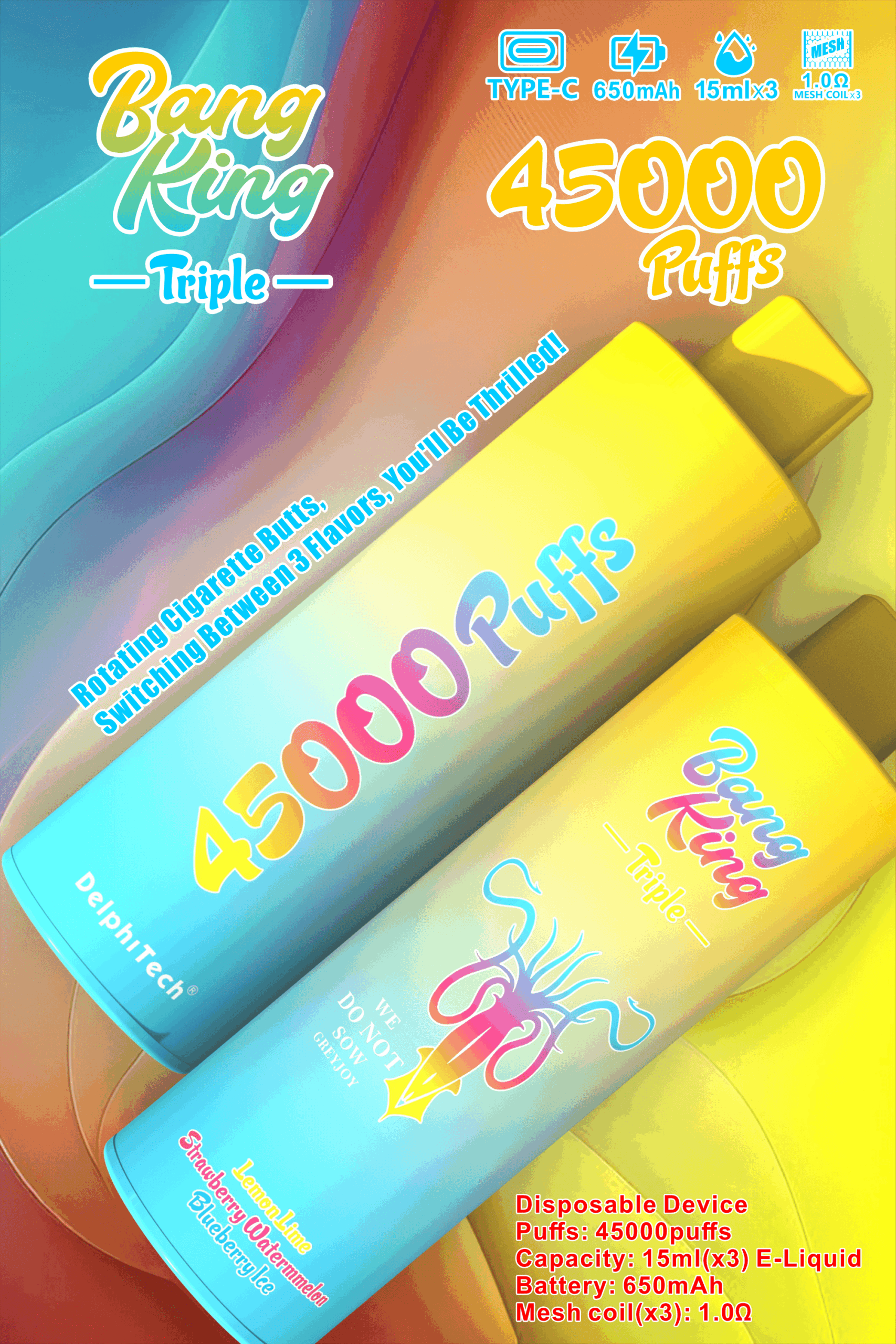 Bang King Triple 45000 Puffs Disposable Vape - Triple Pods (15mL×3), 650mAh Battery, 0%-5% Nicotine gallery image 2