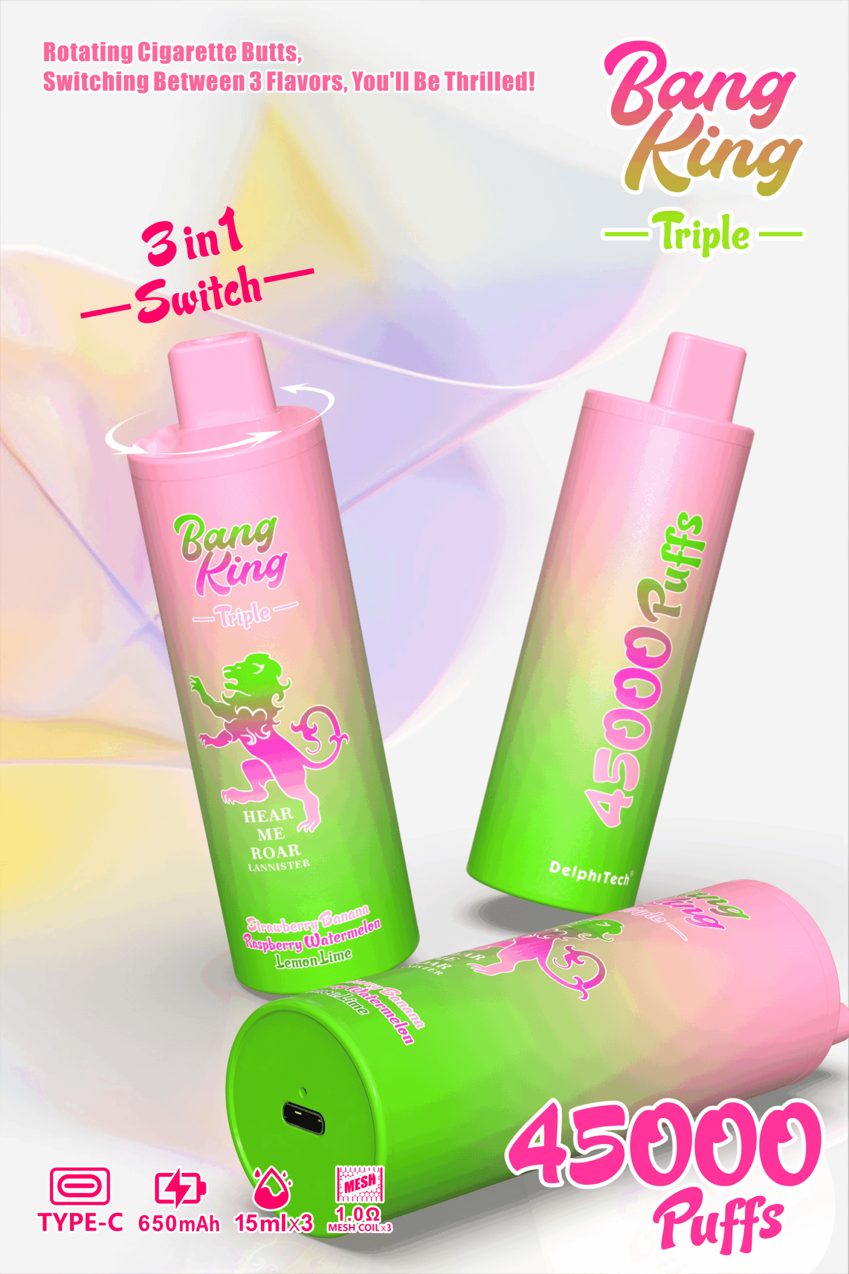 Bang King Triple 45000 Puffs Disposable Vape - Triple Pods (15mL×3), 650mAh Battery, 0%-5% Nicotine gallery image 3