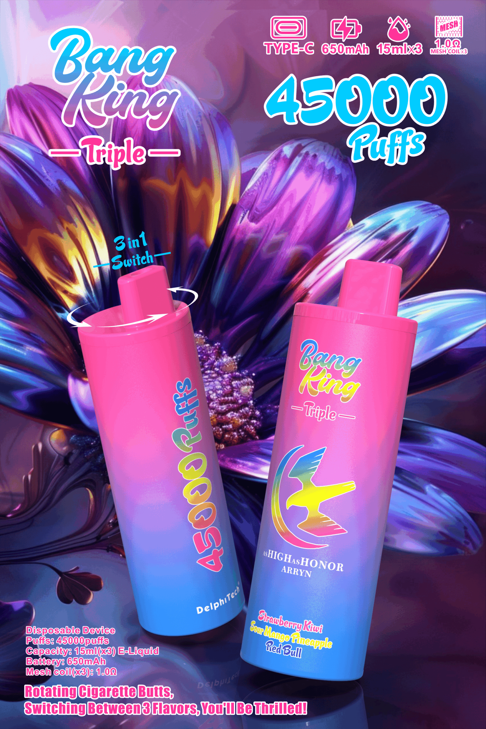 Bang King Triple 45000 Puffs Disposable Vape - Triple Pods (15mL×3), 650mAh Battery, 0%-5% Nicotine gallery image 4