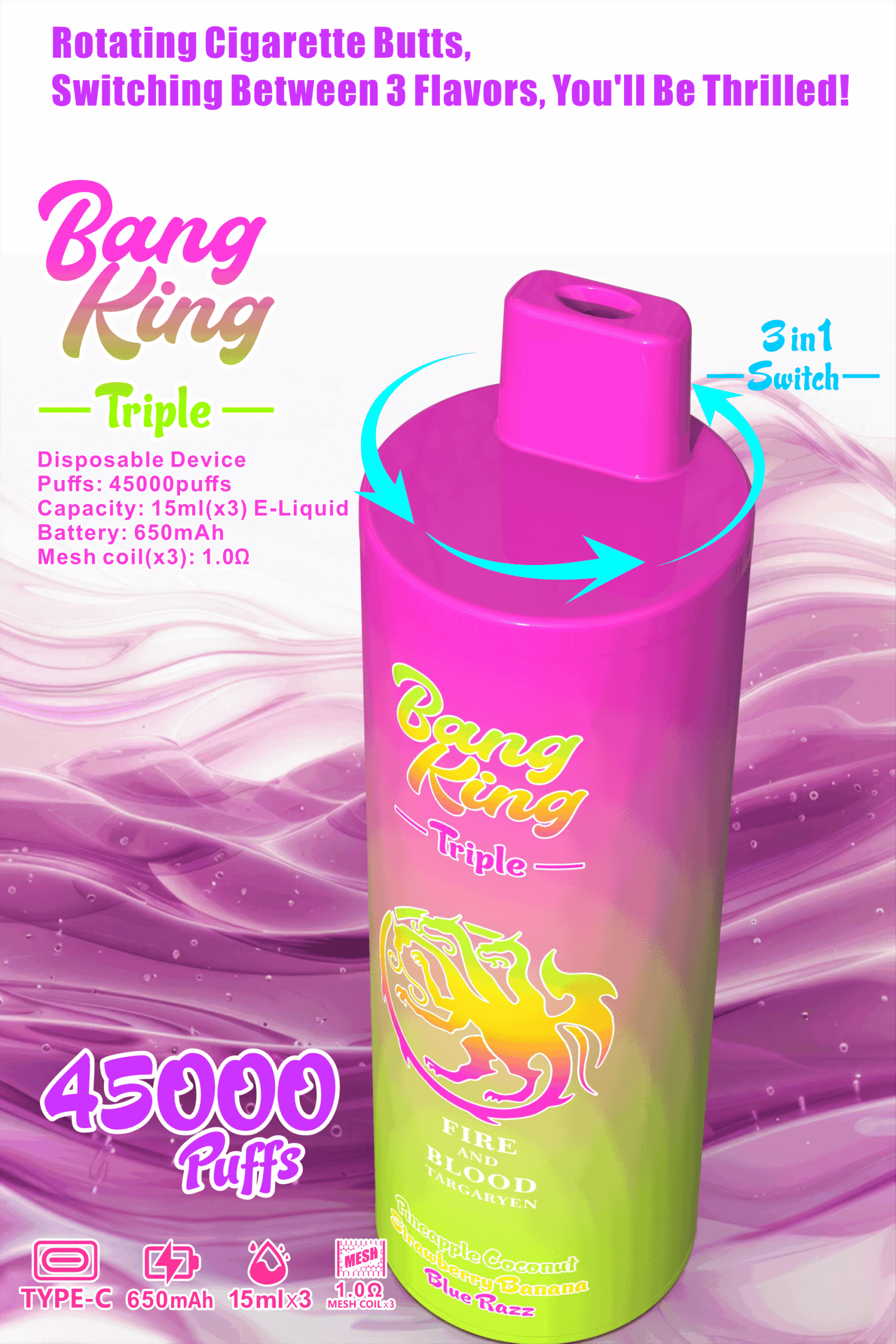 Bang King Triple 45000 Puffs Disposable Vape - Triple Pods (15mL×3), 650mAh Battery, 0%-5% Nicotine gallery image 6
